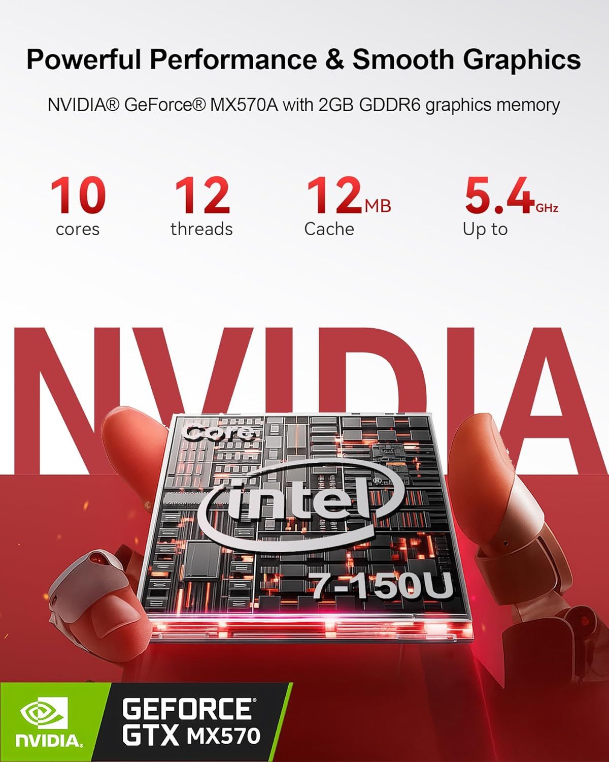 Communicates the powerful technical specifications of the processor and graphics card to demonstrate high performance capabilities for gaming and graphics-intensive tasks. Highlights multiple…