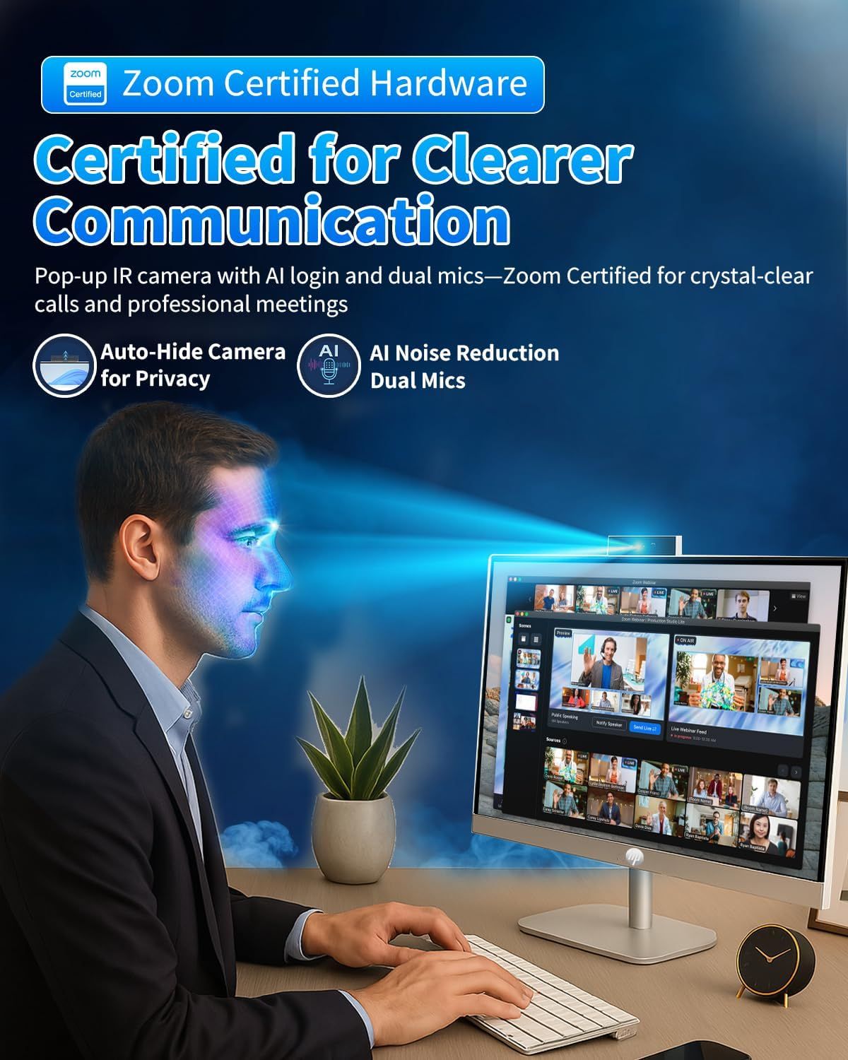 Communicates that the product is officially certified by Zoom and includes privacy-focused features like auto-hide camera, reassuring shoppers about quality and security for professional video…