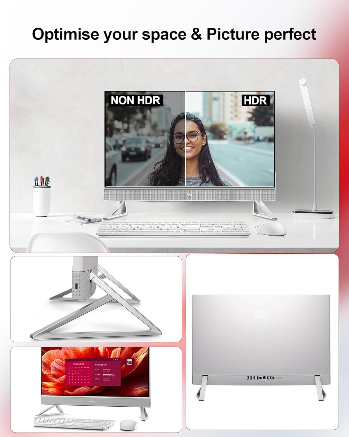 Demonstrates multiple product benefits including HDR picture quality enhancement, the adjustable stand design for space optimization, and various viewing angles to show versatility and premium…