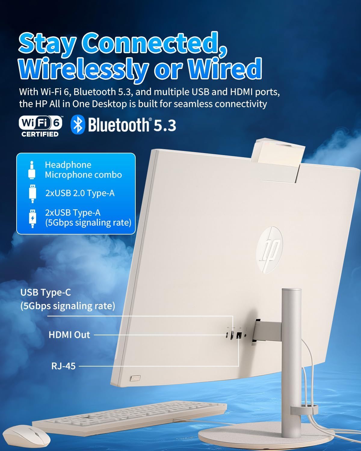 This image breaks down the HP All in One Desktop's connectivity features by labeling and pointing to specific ports and wireless capabilities, helping shoppers understand all available connection…