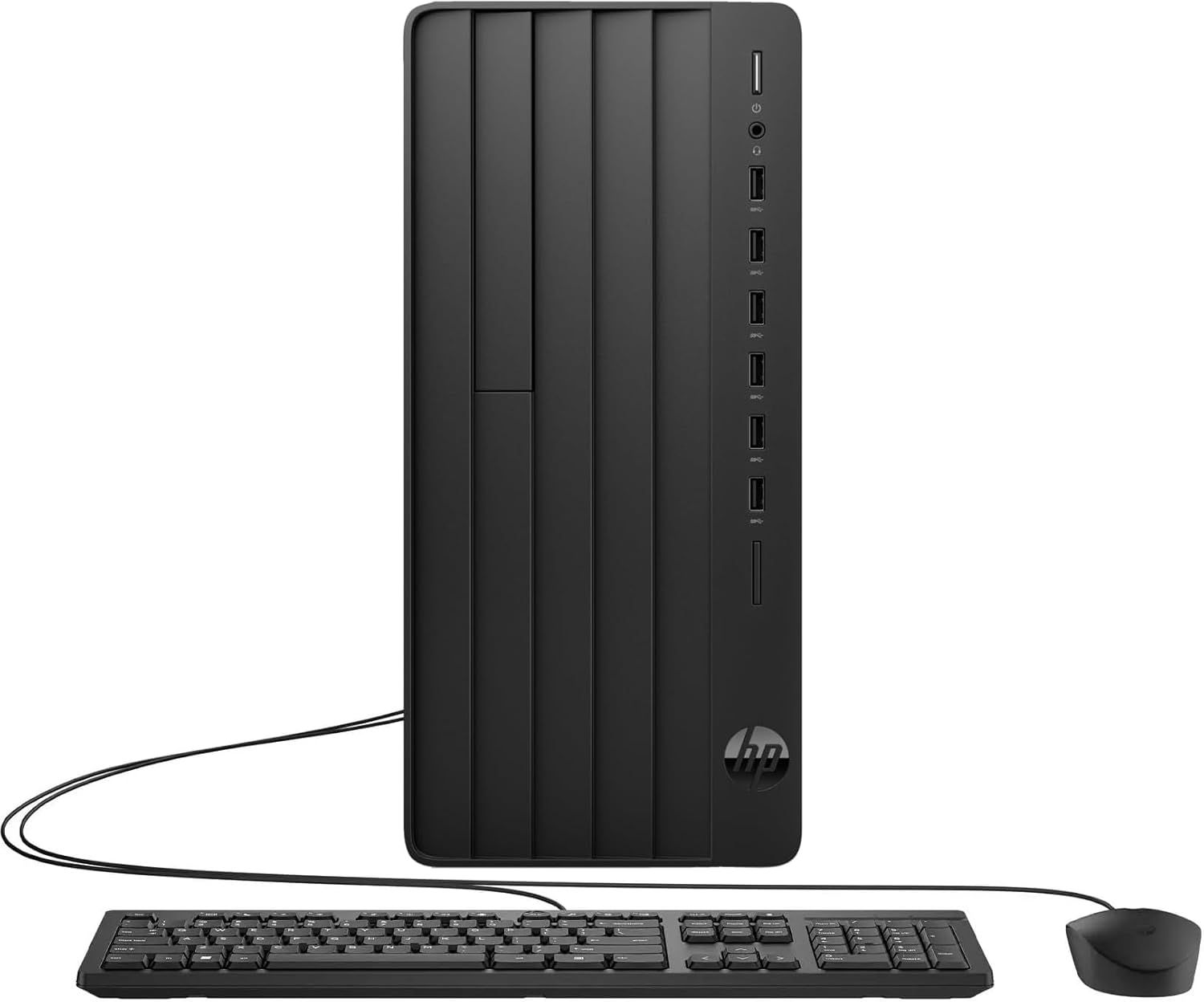 Displays the HP desktop computer tower with keyboard and mouse in a clean, catalog-style format to show the complete product setup without distractions.