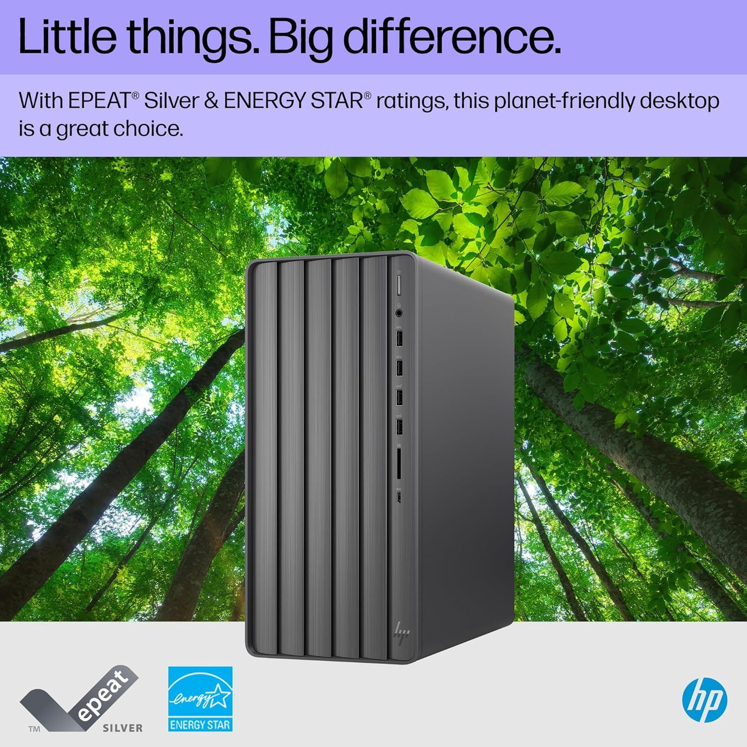 Communicates the product's environmental certifications (EPEAT Silver and ENERGY STAR) to reassure eco-conscious shoppers that this desktop is energy-efficient and planet-friendly. Highlights the…