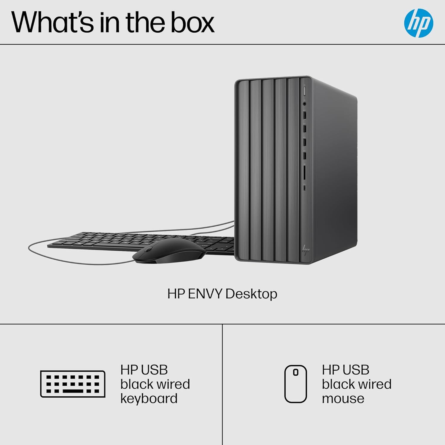 Shows the customer everything included in the box: the HP ENVY Desktop computer, a wired keyboard, and a wired mouse, providing clarity on what they will receive with their purchase.