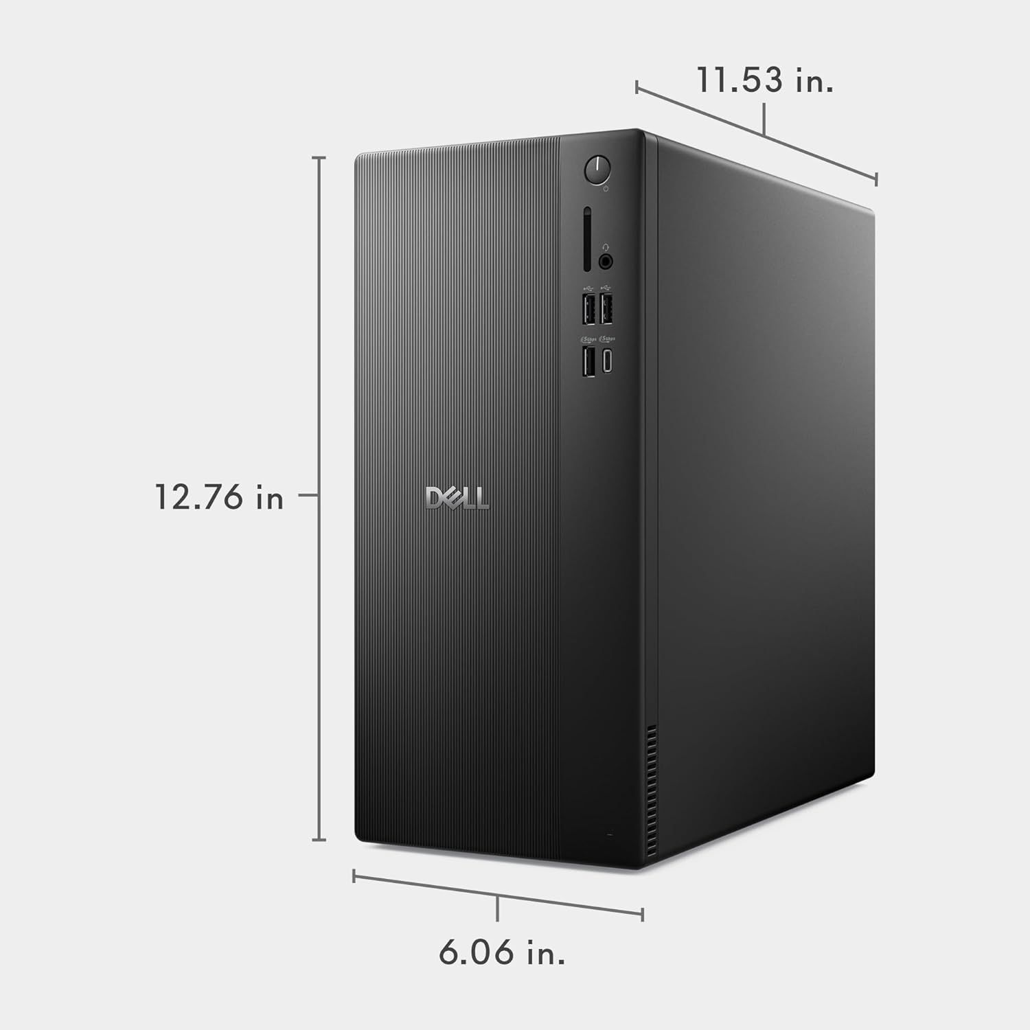 Communicates the exact physical dimensions of the Dell desktop computer to help shoppers understand its size and ensure it fits their workspace.