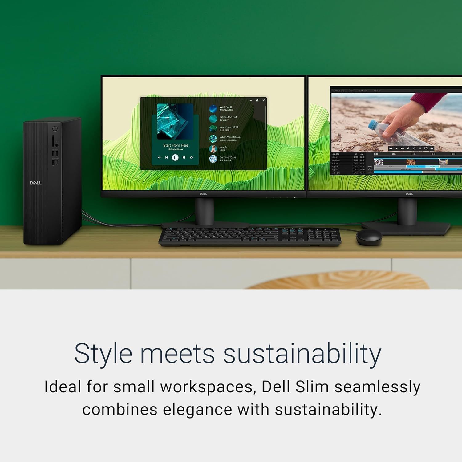 Communicates that the Dell Slim desktop combines elegant design with environmental responsibility, appealing to eco-conscious shoppers looking for sustainable workspace solutions. Highlights the…