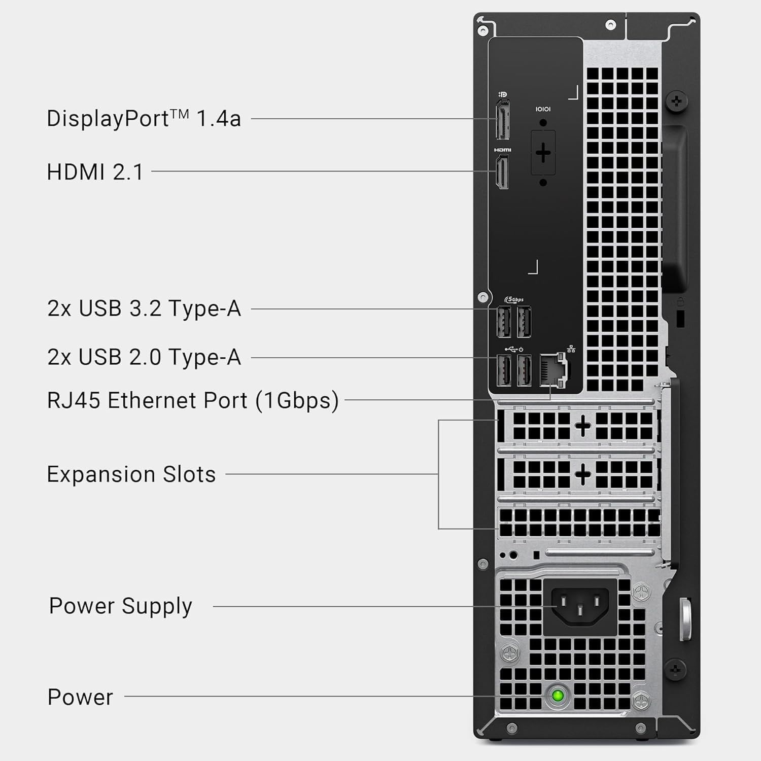 This image breaks down the physical components and ports on the back panel of the computer, helping shoppers understand the connectivity options and hardware layout available.