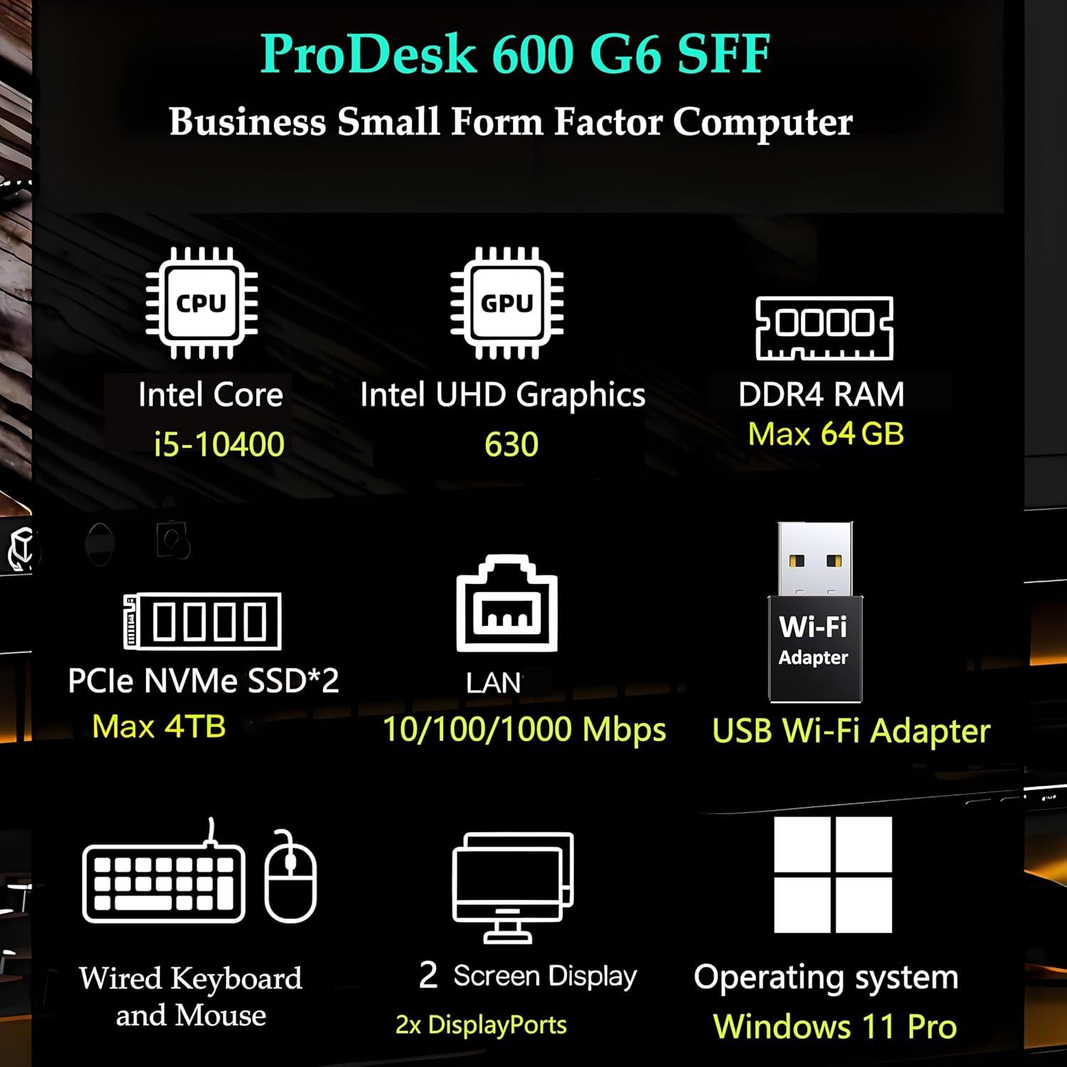 This image provides a comprehensive technical specification overview of the ProDesk 600 G6 SFF computer, showcasing multiple hardware components and capabilities in a segmented grid layout to help…
