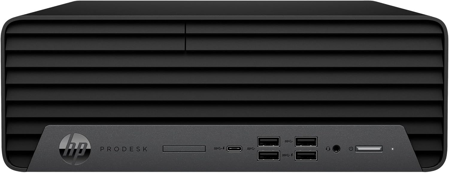 Provides a clean, catalog-style view of the HP ProDesk desktop computer showing its front panel ports and design without any distractions.
