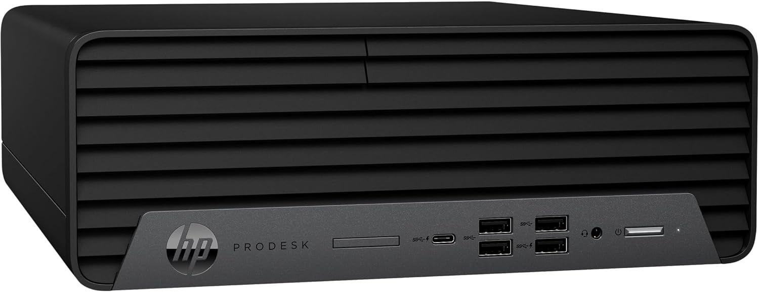 Provides a clean, catalog-style product image showing the HP ProDesk desktop computer from a front-angled view, highlighting its compact design and front port configuration.