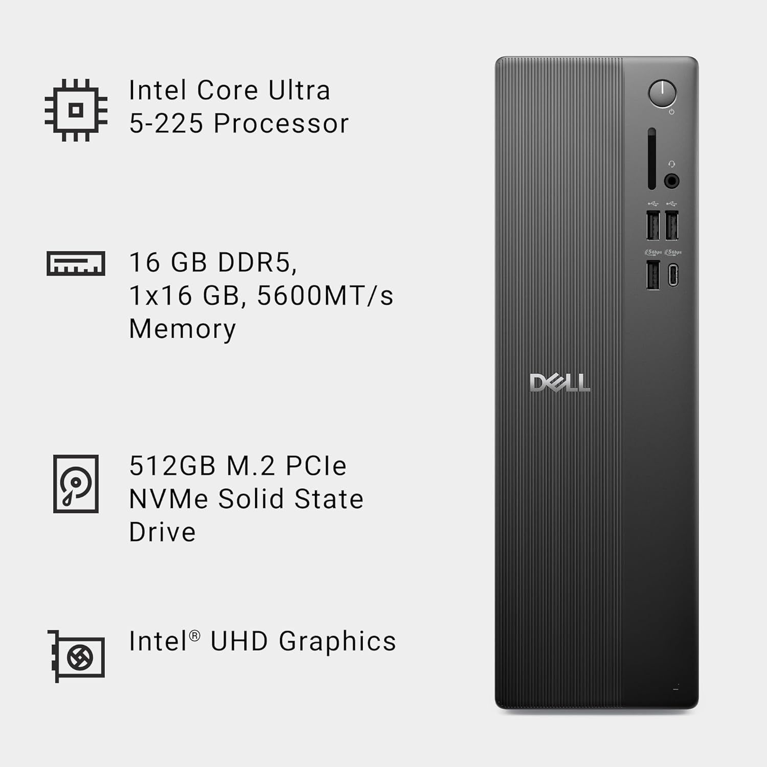 Communicates the key technical specifications of the Dell computer to help shoppers understand the performance capabilities and hardware configuration.