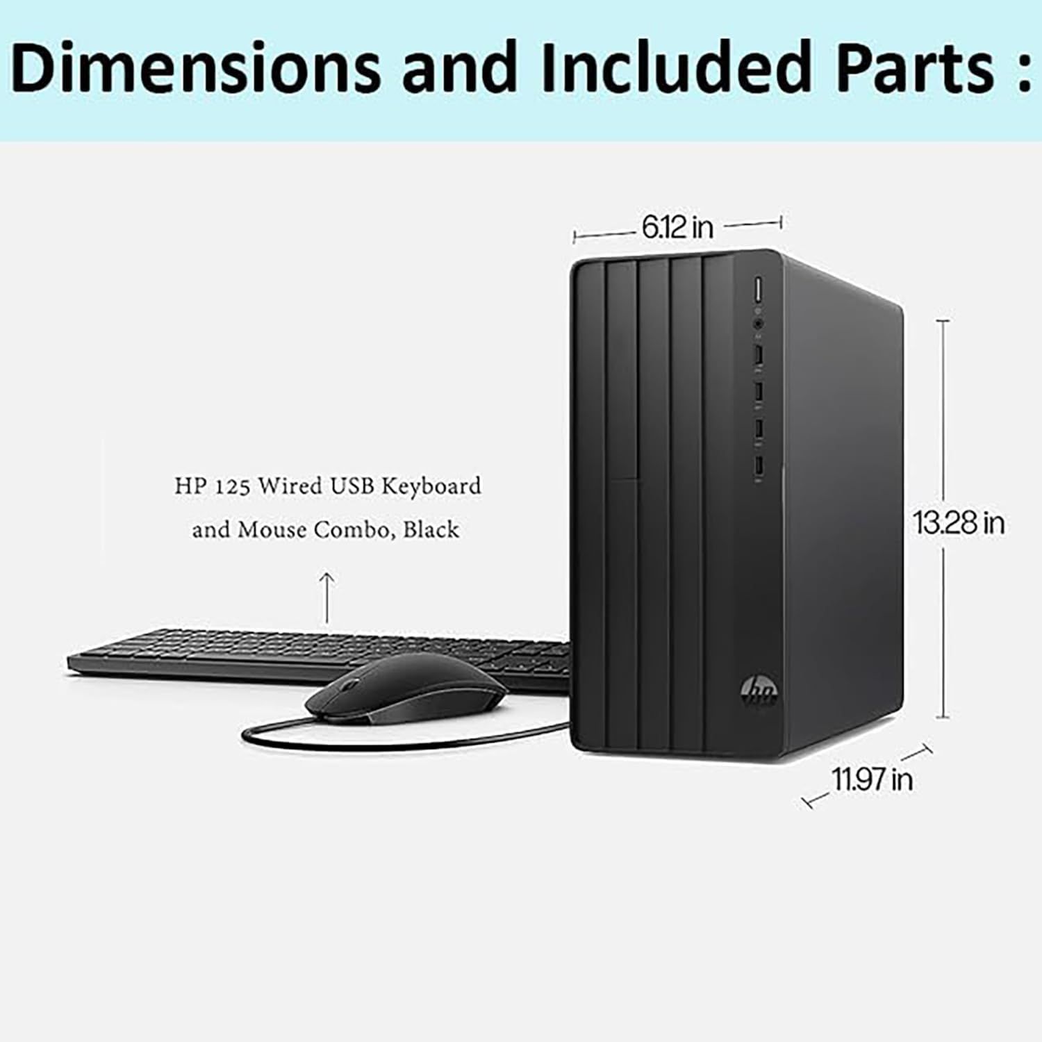 Communicates the exact physical dimensions of the desktop computer to help shoppers understand how much space it will occupy and ensure it fits their workspace. Shows the customer exactly what comes…