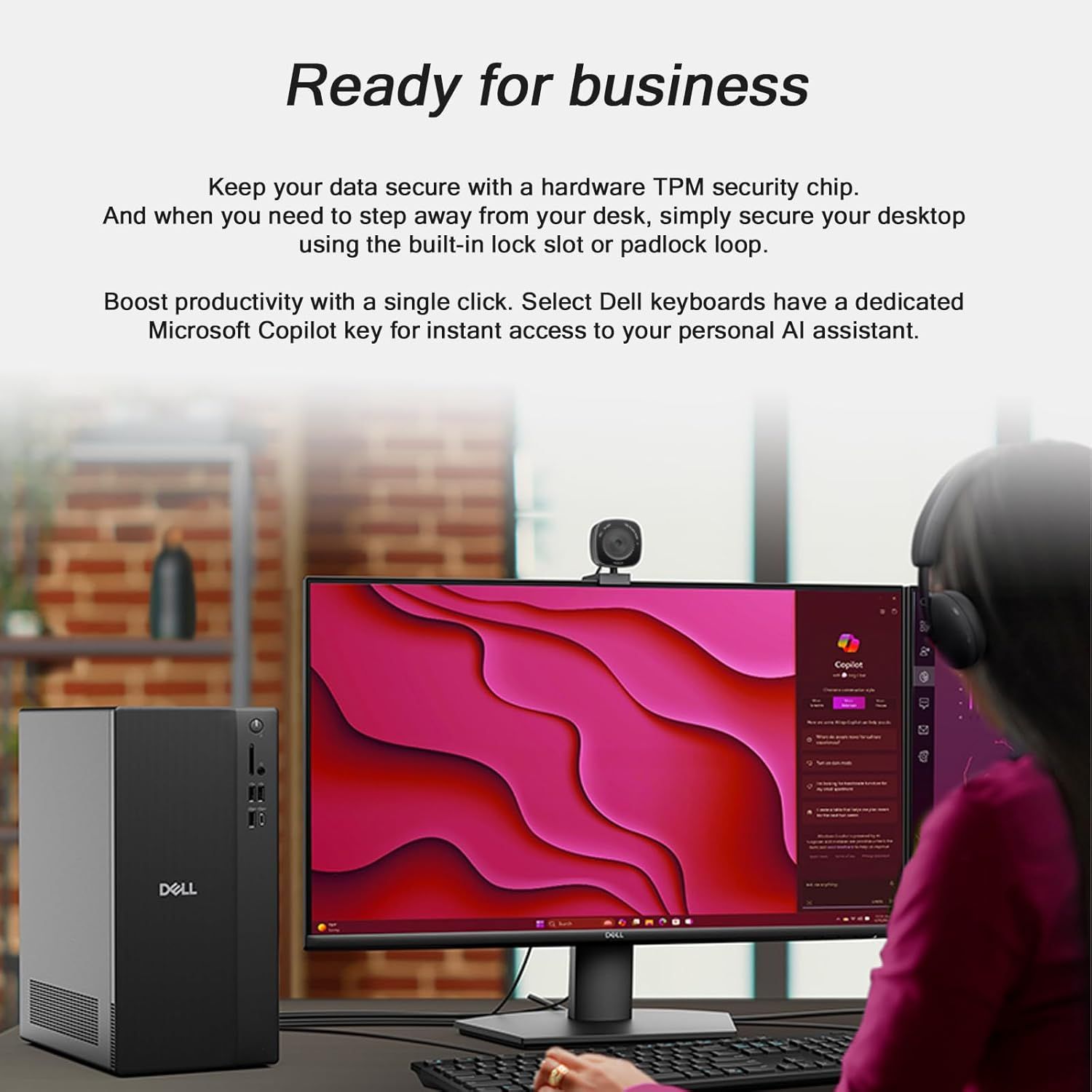 Communicates multiple business-ready features including hardware security, physical security options, and AI productivity tools to position the Dell desktop as a comprehensive solution for…