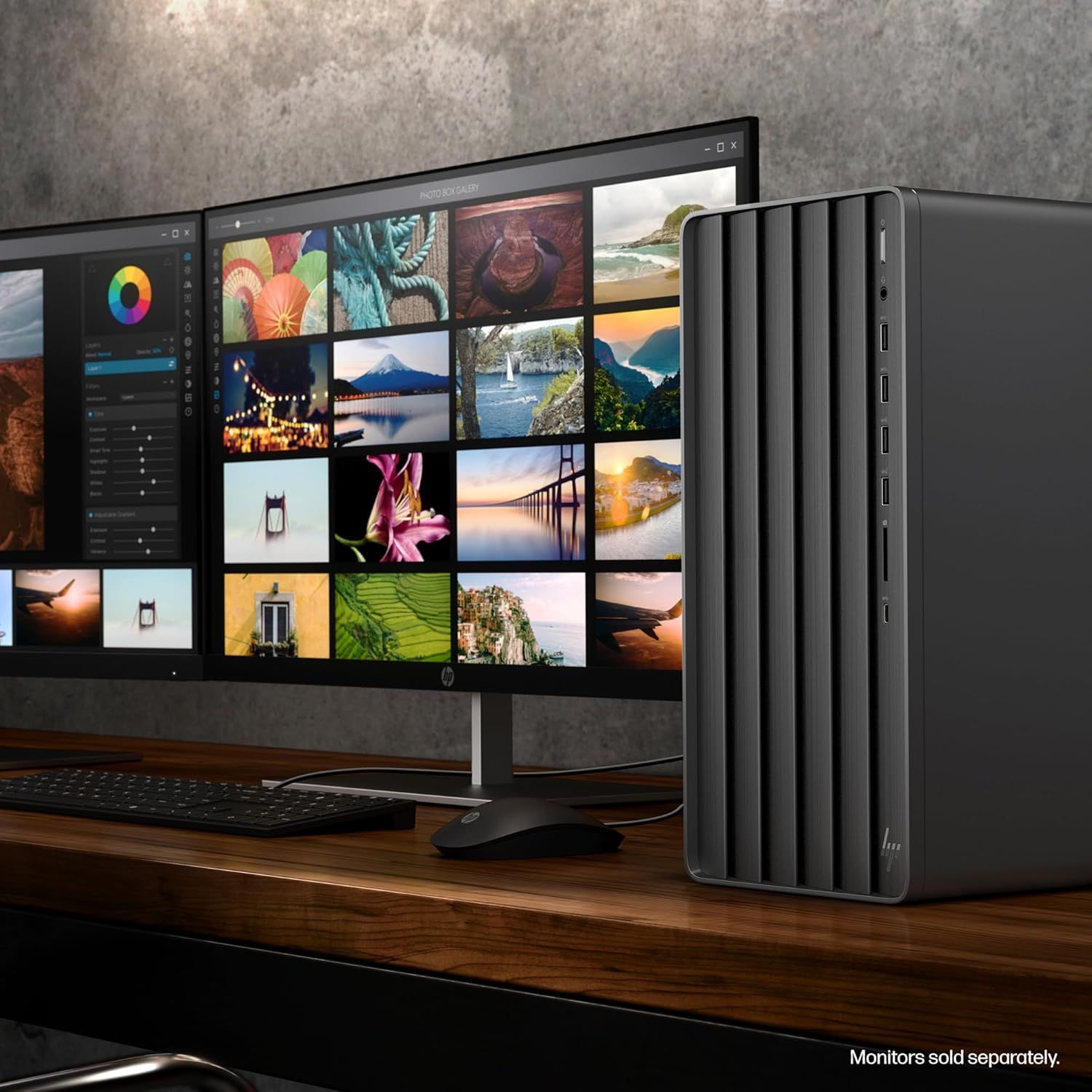 Demonstrates the product's capability to support professional creative workflows with photo editing software and multi-monitor setups, showing versatility for content creators and photographers.