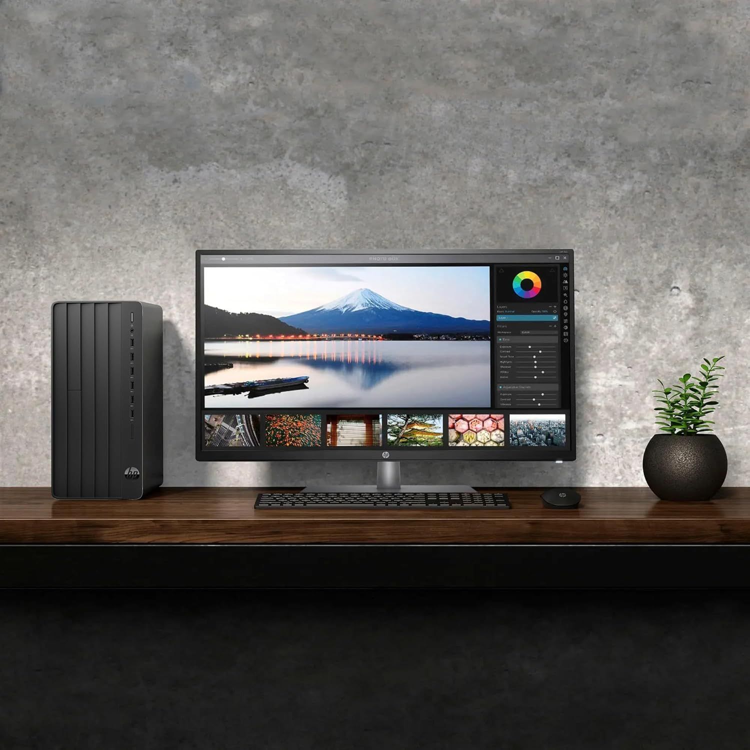 Demonstrates the product in a real-world professional environment to help shoppers visualize how the desktop computer and monitor setup would look and function in their own workspace.