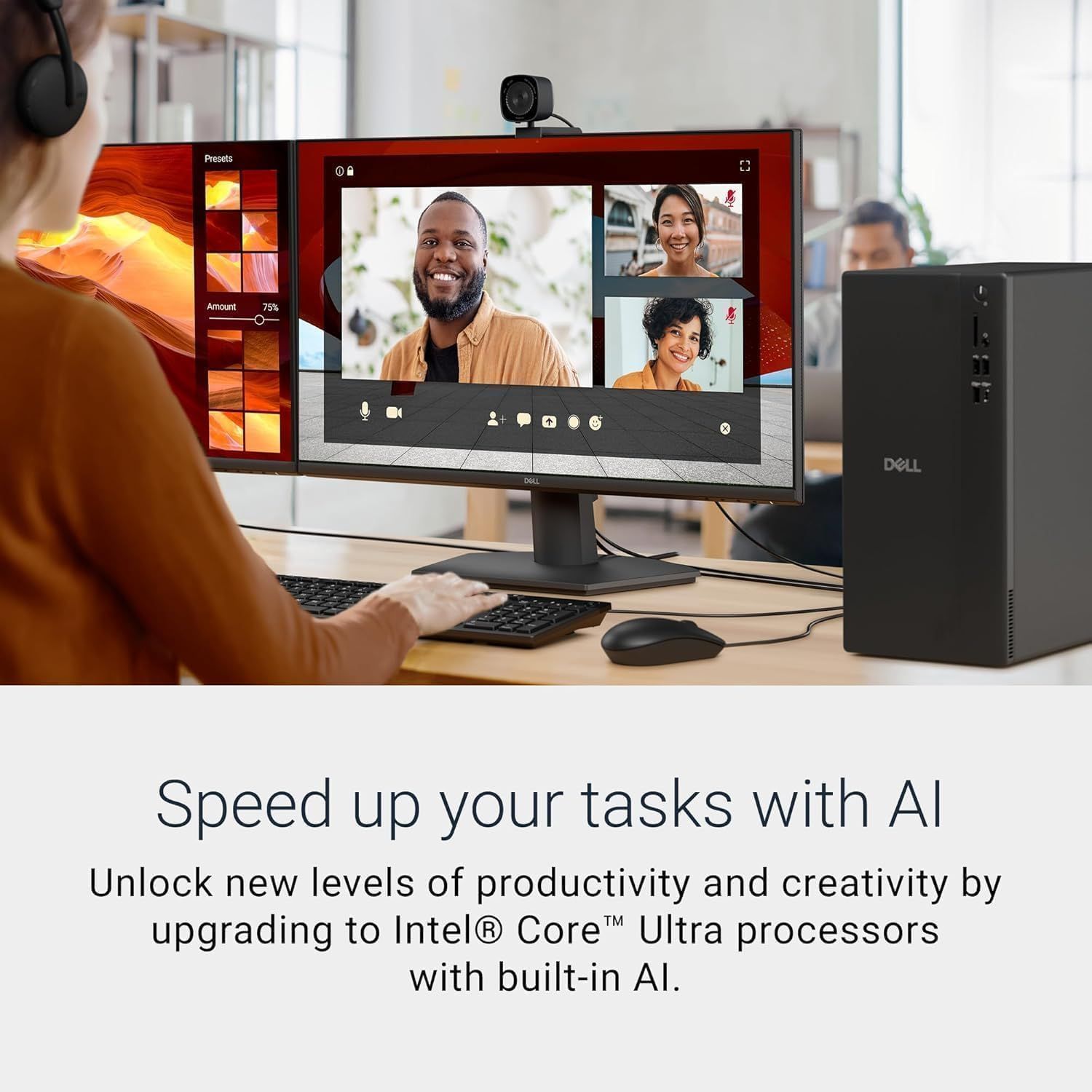 Communicates that the Dell computer system enhances productivity and creativity through AI-powered Intel Core Ultra processors, reassuring shoppers of improved performance for work tasks like video…