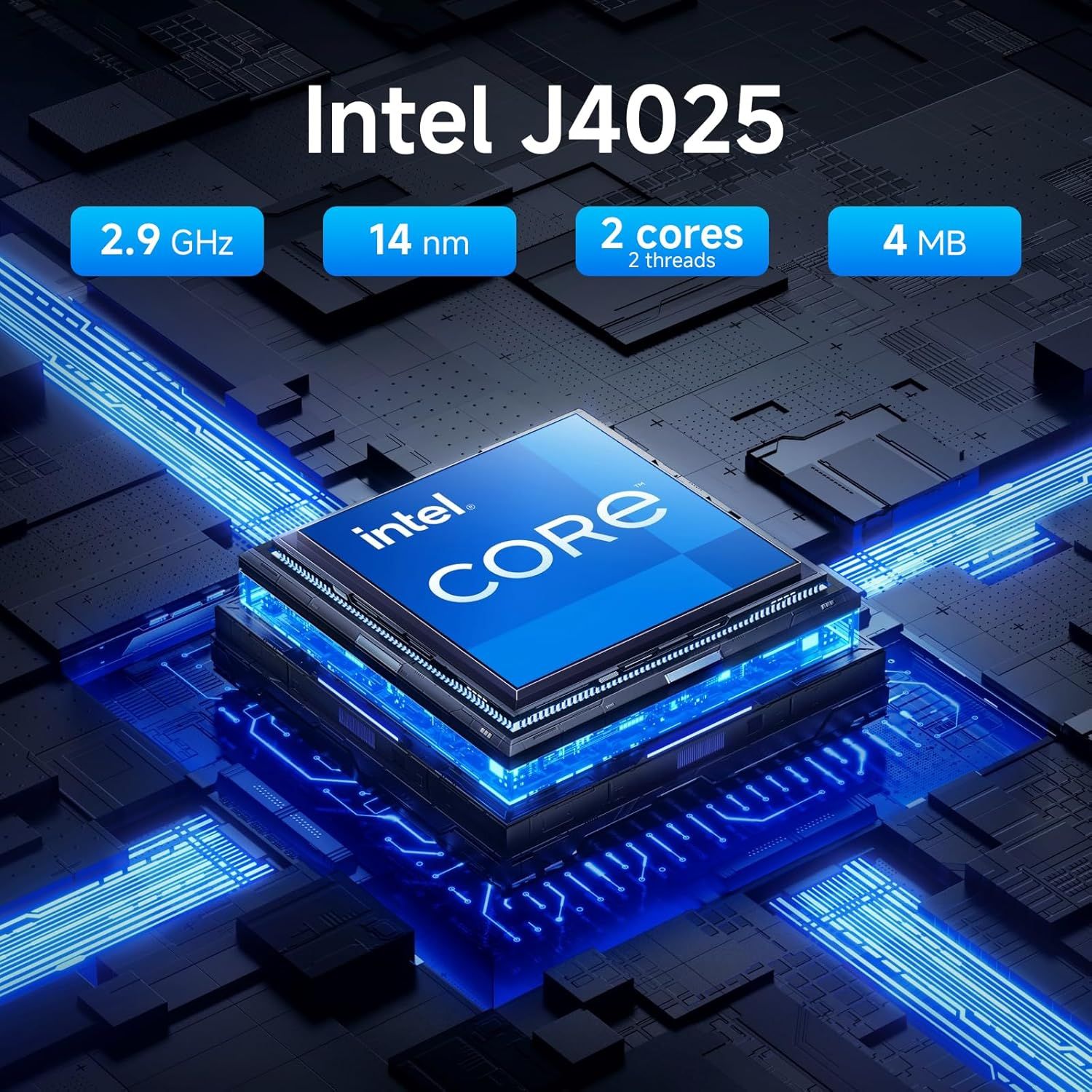 Communicates the key technical specifications of the Intel J4025 processor to inform shoppers about its performance capabilities and help them understand what they're getting.