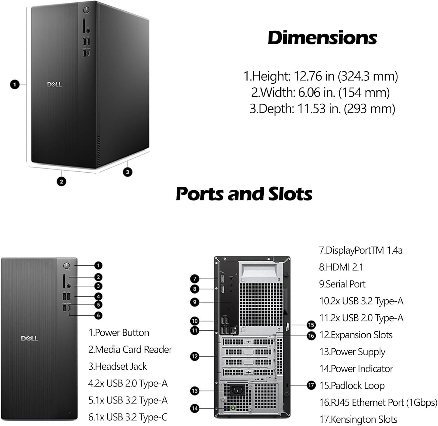 Provides exact physical dimensions of the desktop computer and detailed breakdown of all ports and slots to help shoppers understand the size and connectivity options of the product.