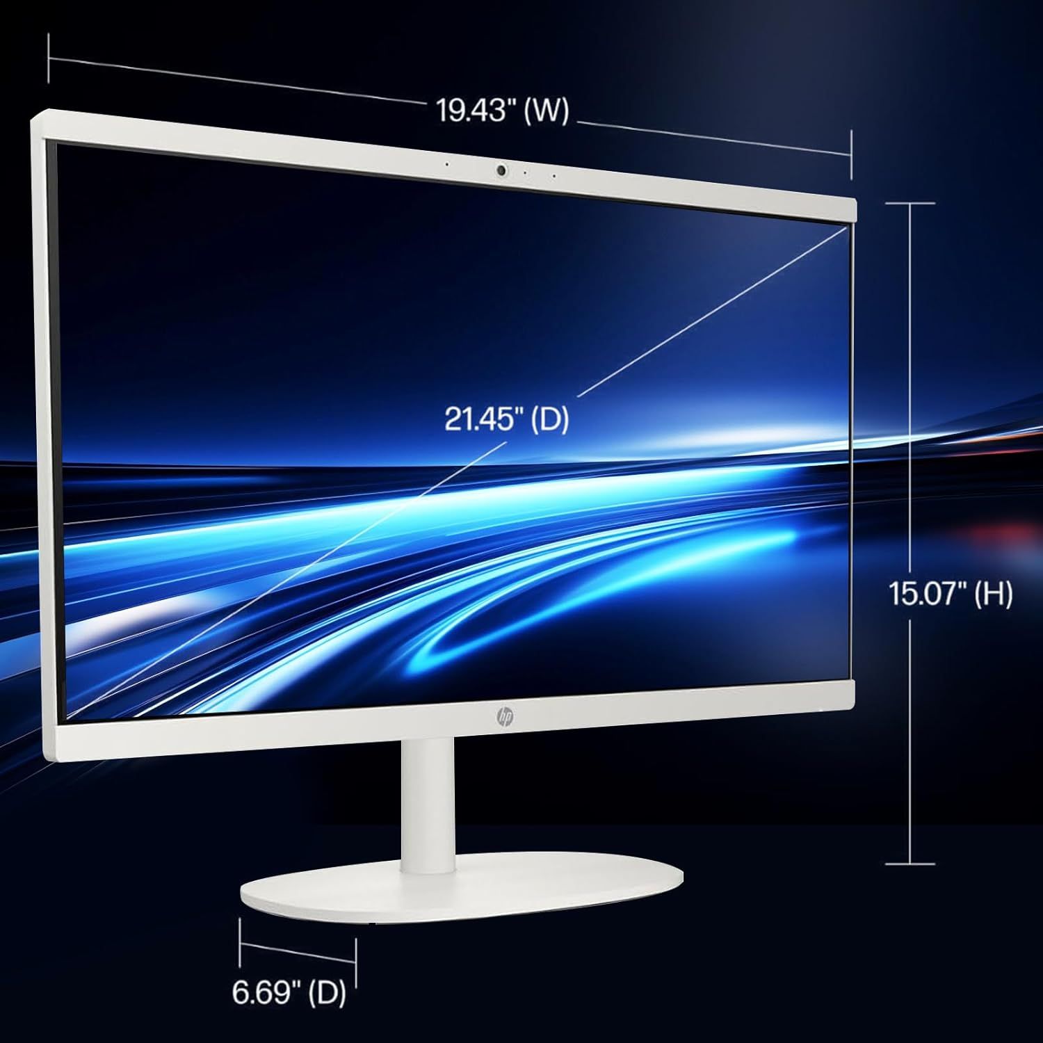 Communicates the exact physical dimensions of the monitor (width, height, diagonal screen size, and base depth) to help shoppers understand the product's size and ensure it fits their workspace.