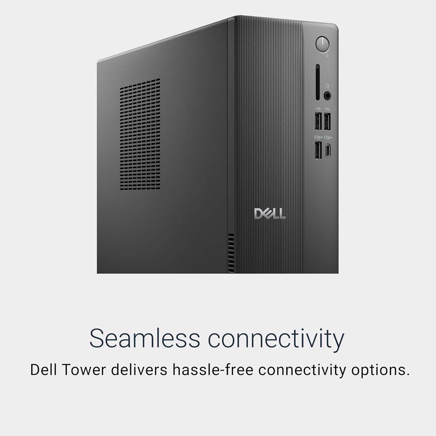 Highlights the Dell Tower's hassle-free connectivity options with multiple USB and other ports, reassuring shoppers that the product offers easy and versatile device connections.