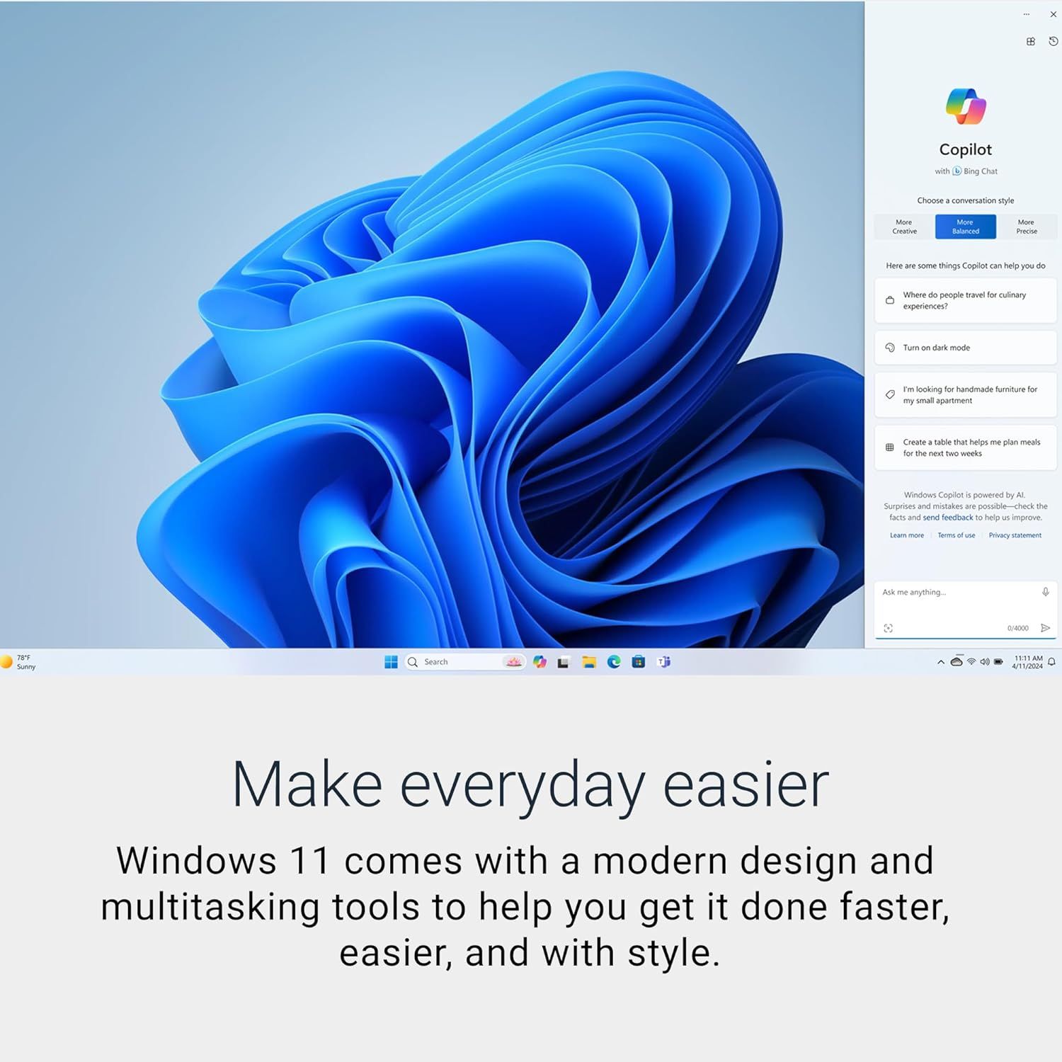 Communicates that Windows 11 includes an AI-powered Copilot assistant and modern multitasking tools to help users work faster and easier, emphasizing productivity and ease of use.