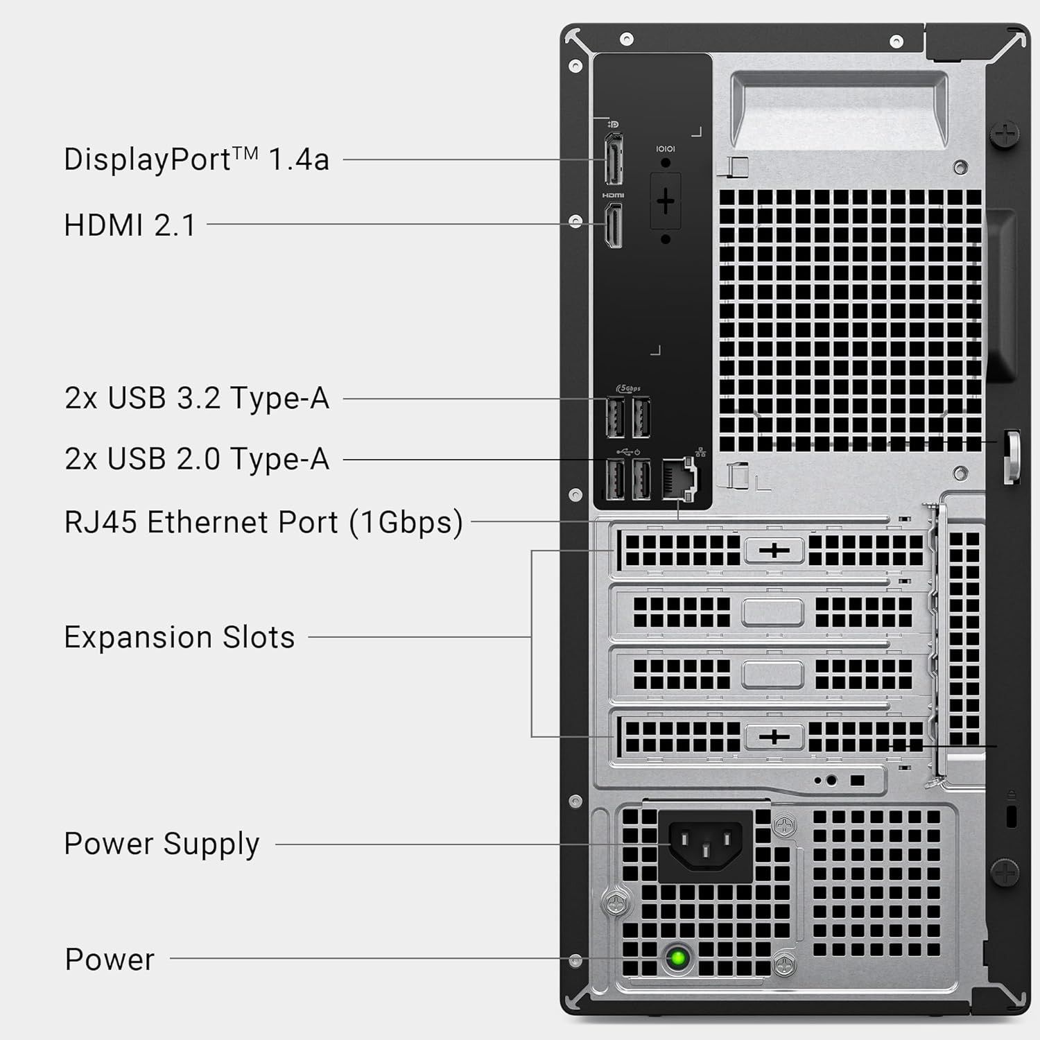 This image breaks down the physical components and ports of the computer tower, helping shoppers understand the connectivity options and hardware layout available on the device.