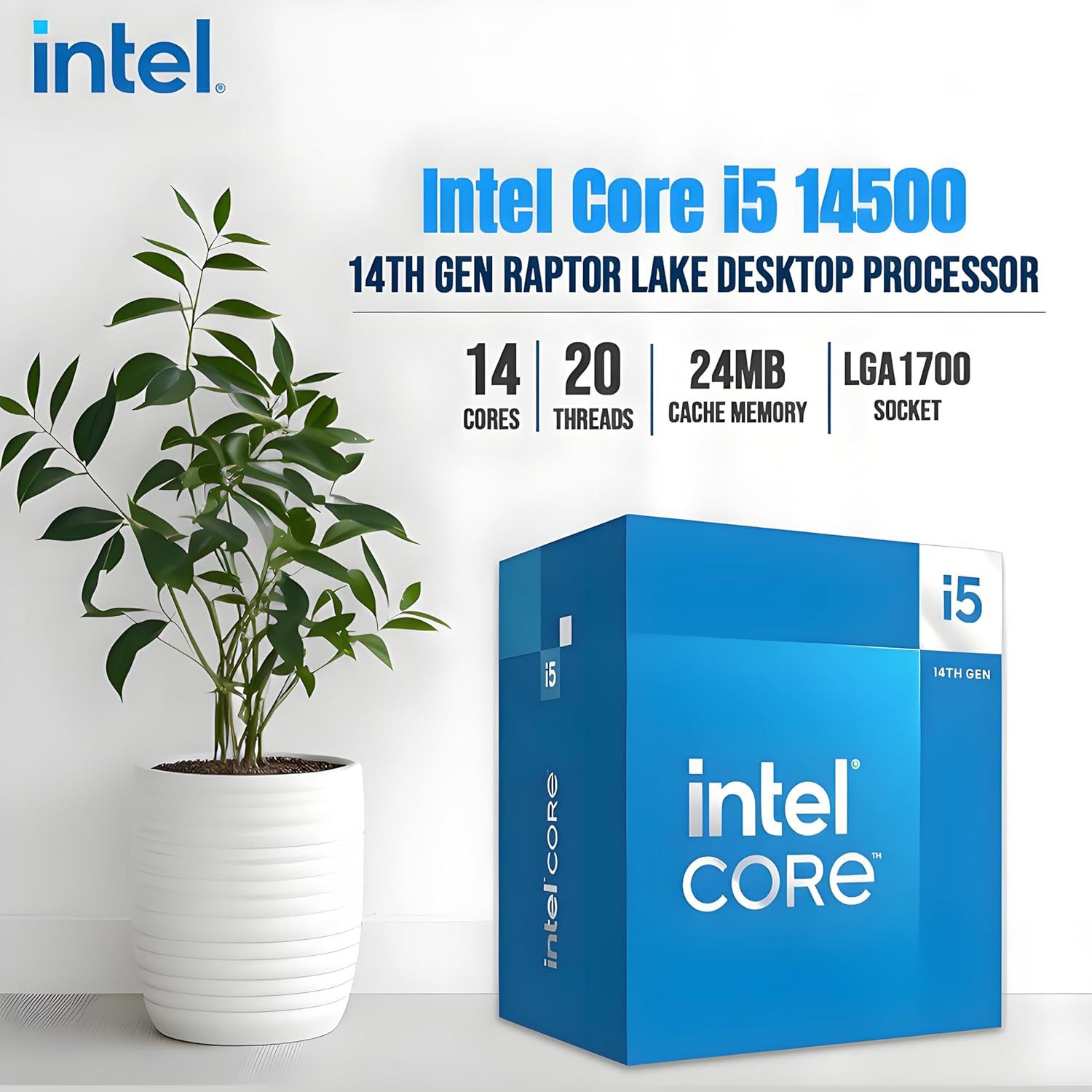 Communicates the key technical specifications of the Intel Core i5 14500 processor in a segmented layout to help shoppers understand its performance capabilities and compatibility.