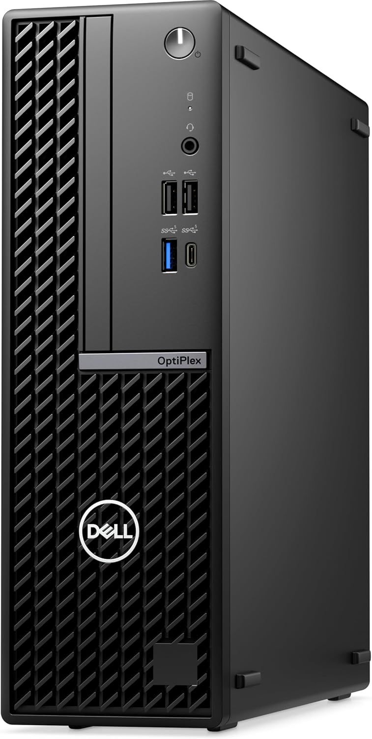 Provides a clean, catalog-style view of the Dell OptiPlex desktop computer showing its front panel design, ports, and physical form factor without distractions.