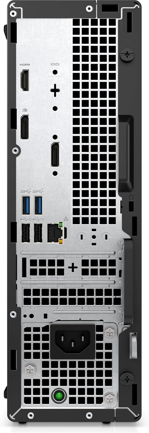Shows the back panel layout of the device with all available ports and connections (HDMI, DisplayPort, USB, power) to help shoppers understand connectivity options and compatibility.