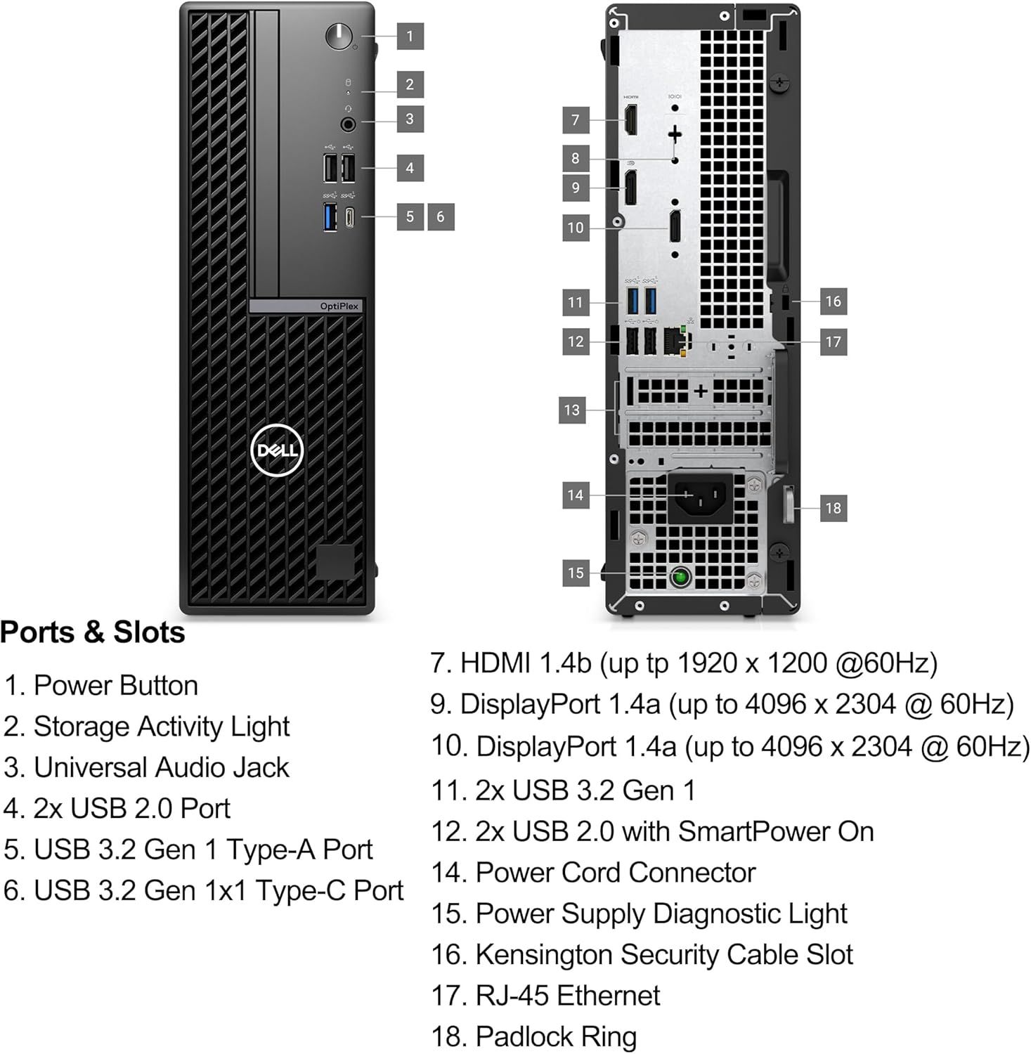 This image breaks down all the physical ports, slots, and components of the Dell computer to help shoppers understand the connectivity options and physical layout of the product.
