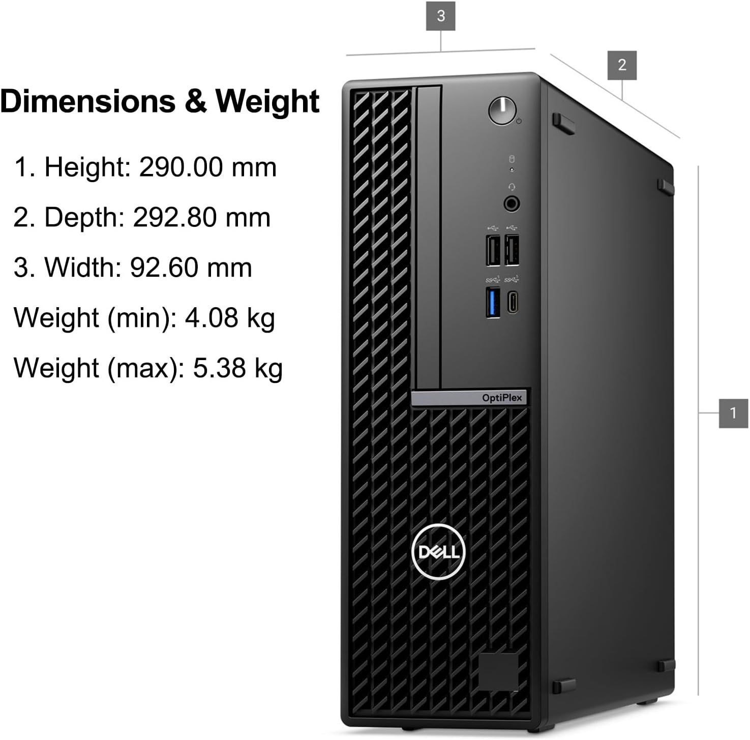 Communicates the exact physical size and weight of the computer tower to help shoppers understand if it will fit their workspace and meet their portability needs.