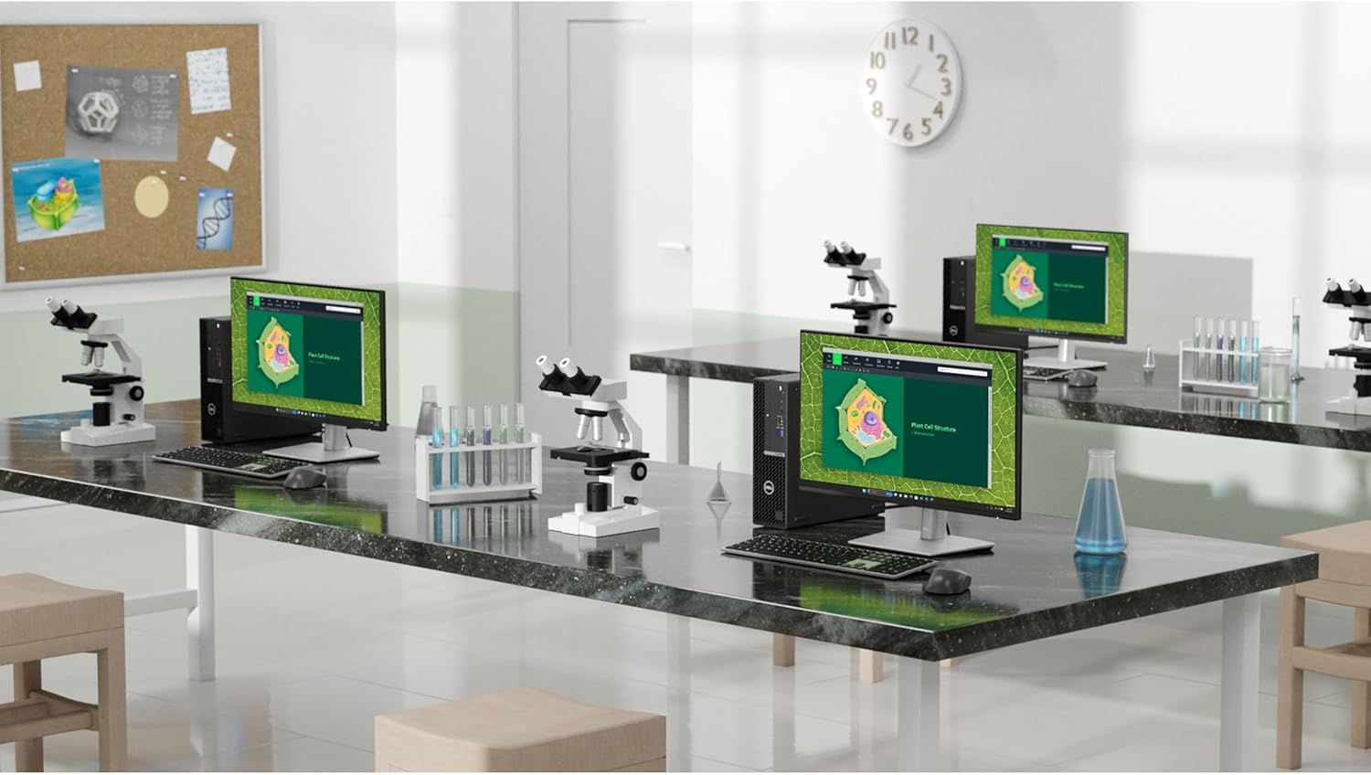 Demonstrates the product's suitability for educational and professional laboratory environments by showing multiple workstations equipped with the monitors, microscopes, and lab equipment.
