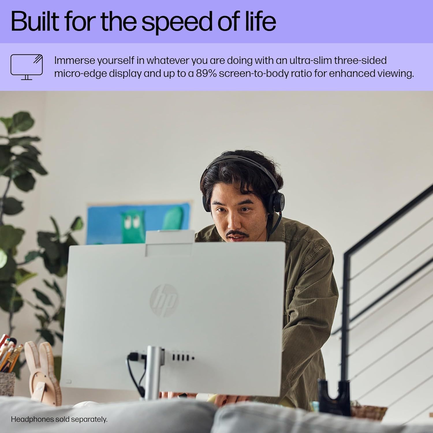 Highlights the immersive display design with minimal bezels and high screen-to-body ratio to communicate enhanced viewing experience and modern aesthetics.