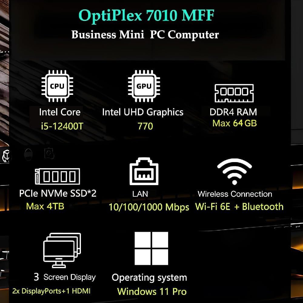 Communicates the comprehensive technical specifications of the OptiPlex 7010 MFF Business Mini PC to help shoppers understand the full range of hardware capabilities and features in a single overview.