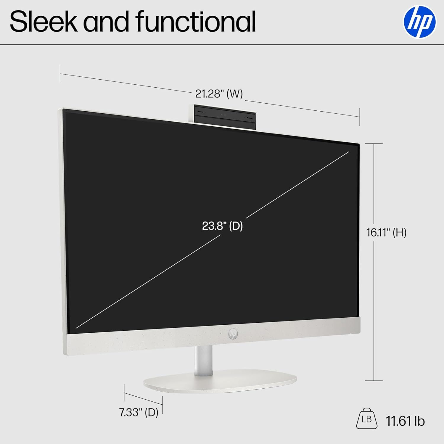 Communicates the exact physical dimensions and weight of the HP monitor to help shoppers understand its size and footprint before purchase.