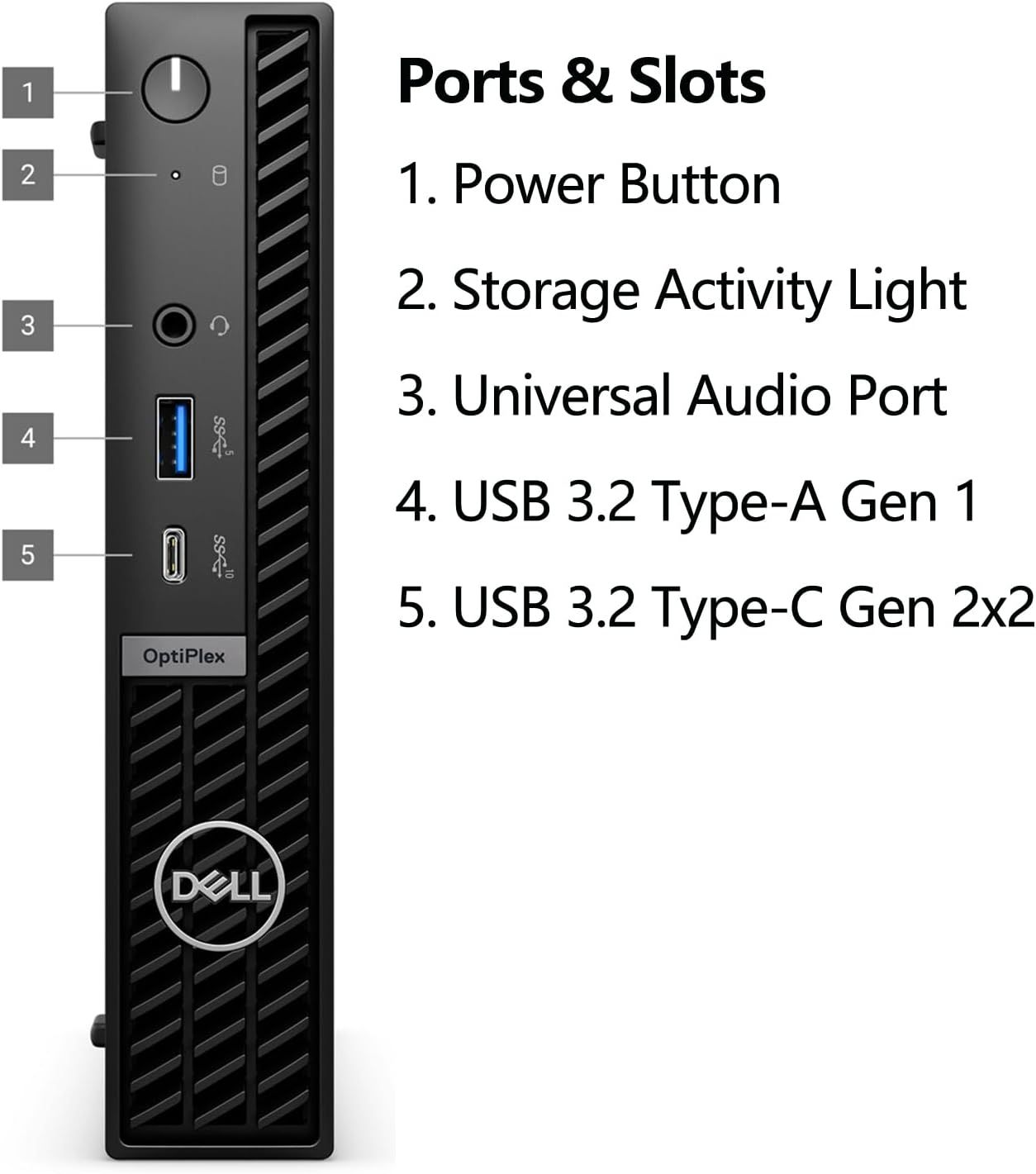 This image breaks down the physical components and ports on the Dell OptiPlex device, helping shoppers understand the location and function of each connection point and control.
