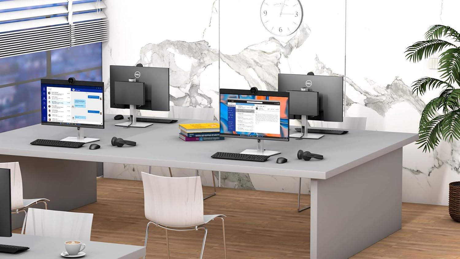 Demonstrates the product in a real-world professional office setting to help shoppers visualize how the monitors and workspace setup would look in their own environment.