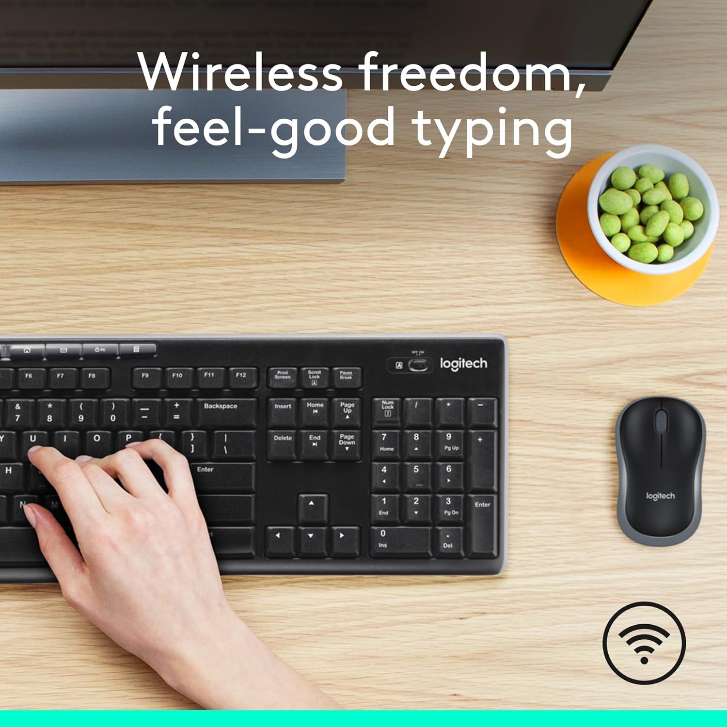 Communicates the wireless freedom and comfortable typing experience of the keyboard, emphasizing convenience and a clutter-free workspace.