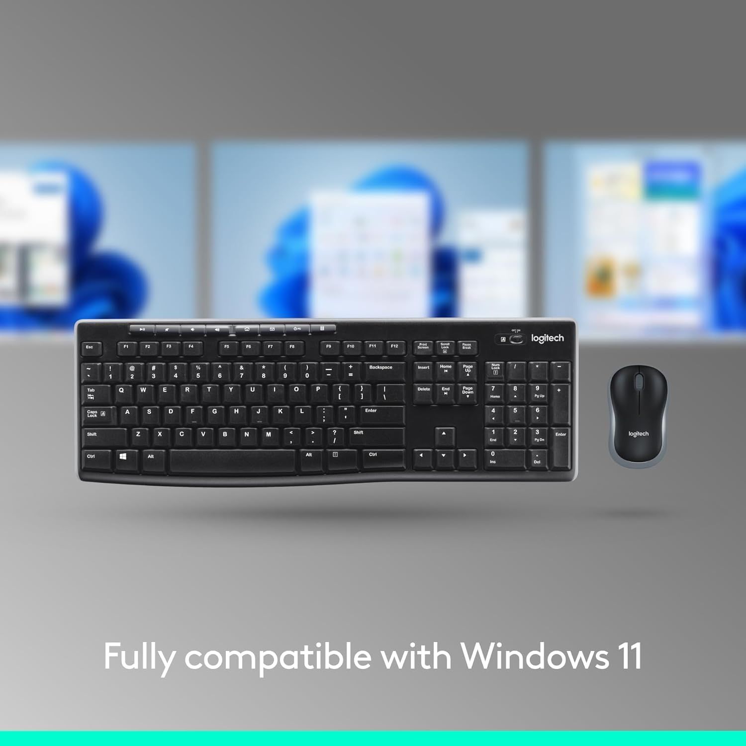Communicates that the Logitech keyboard and mouse combo is fully compatible with Windows 11, reassuring shoppers about system compatibility.