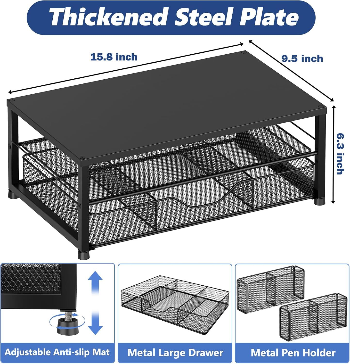 Communicates the exact physical dimensions of the product (15.8 x 9.5 x 6.3 inches) to help shoppers understand the size and fit for their space. Highlights multiple distinct product features and…