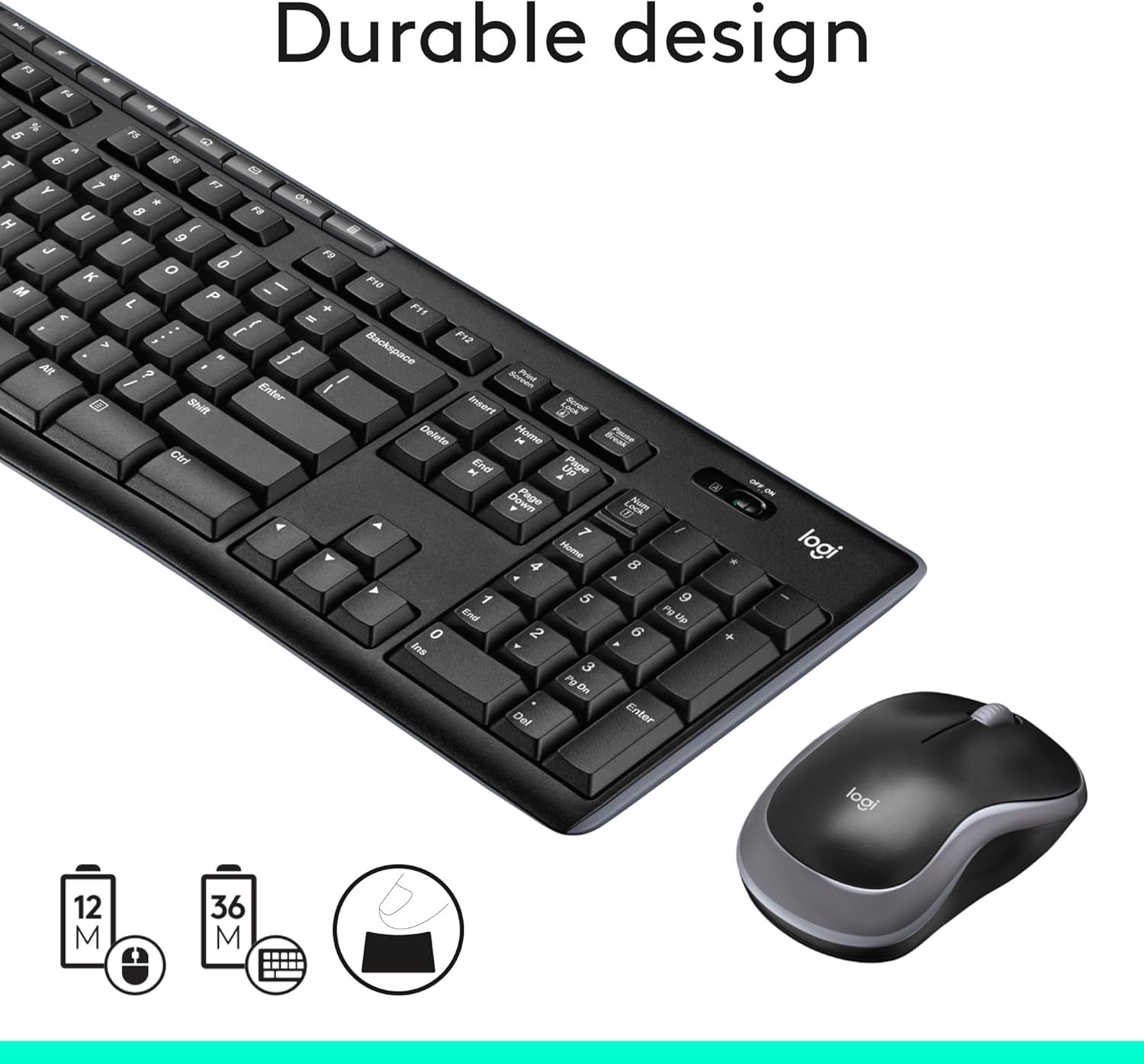 Communicates multiple key benefits of the keyboard and mouse combo: durability, extended battery life for both devices, and easy plug-and-play setup to reassure shoppers of quality and convenience.