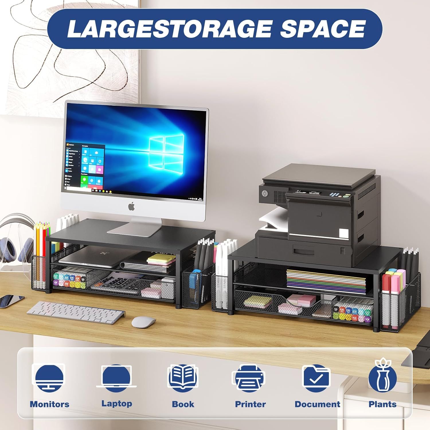 Demonstrates the multiple use cases and items the desk organizer can accommodate, including monitors, laptops, books, printers, documents, and plants, to show its versatility as a workspace storage…