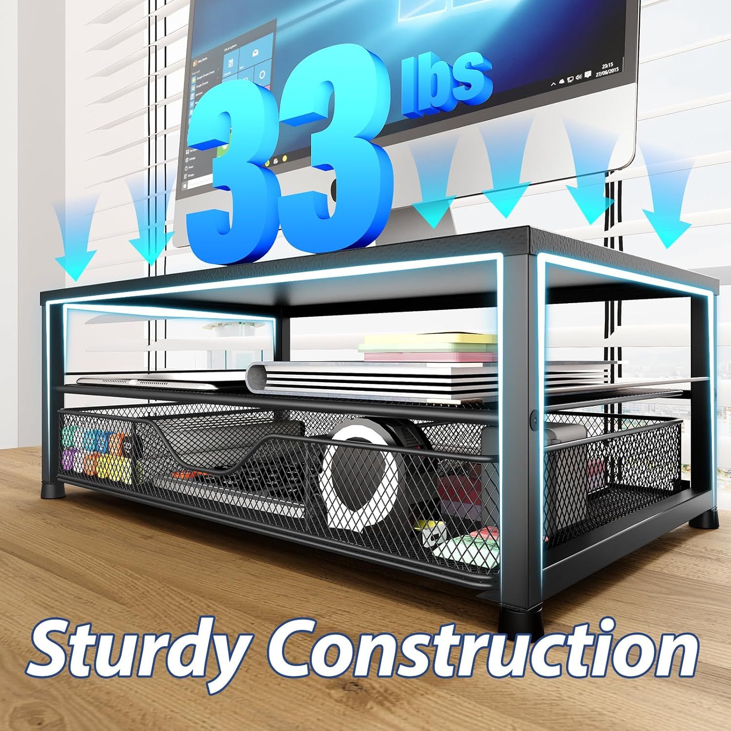 Communicates the product's impressive weight-bearing capacity to reassure shoppers that the monitor stand can safely support heavy equipment and multiple items. Highlights the durable, stable build…