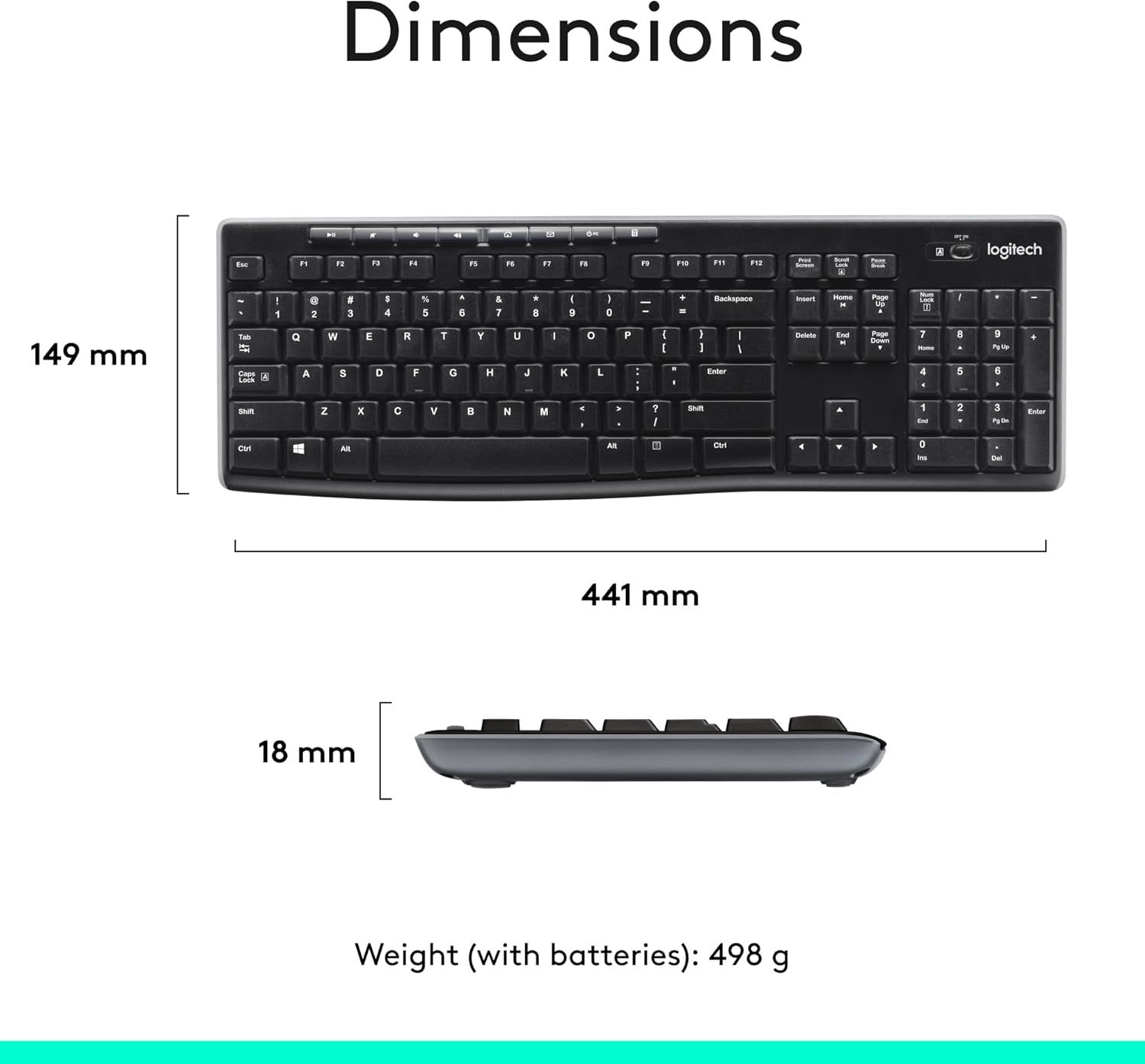 Communicates the exact physical size and weight of the keyboard to help shoppers understand how much space it will occupy and whether it fits their workspace needs.
