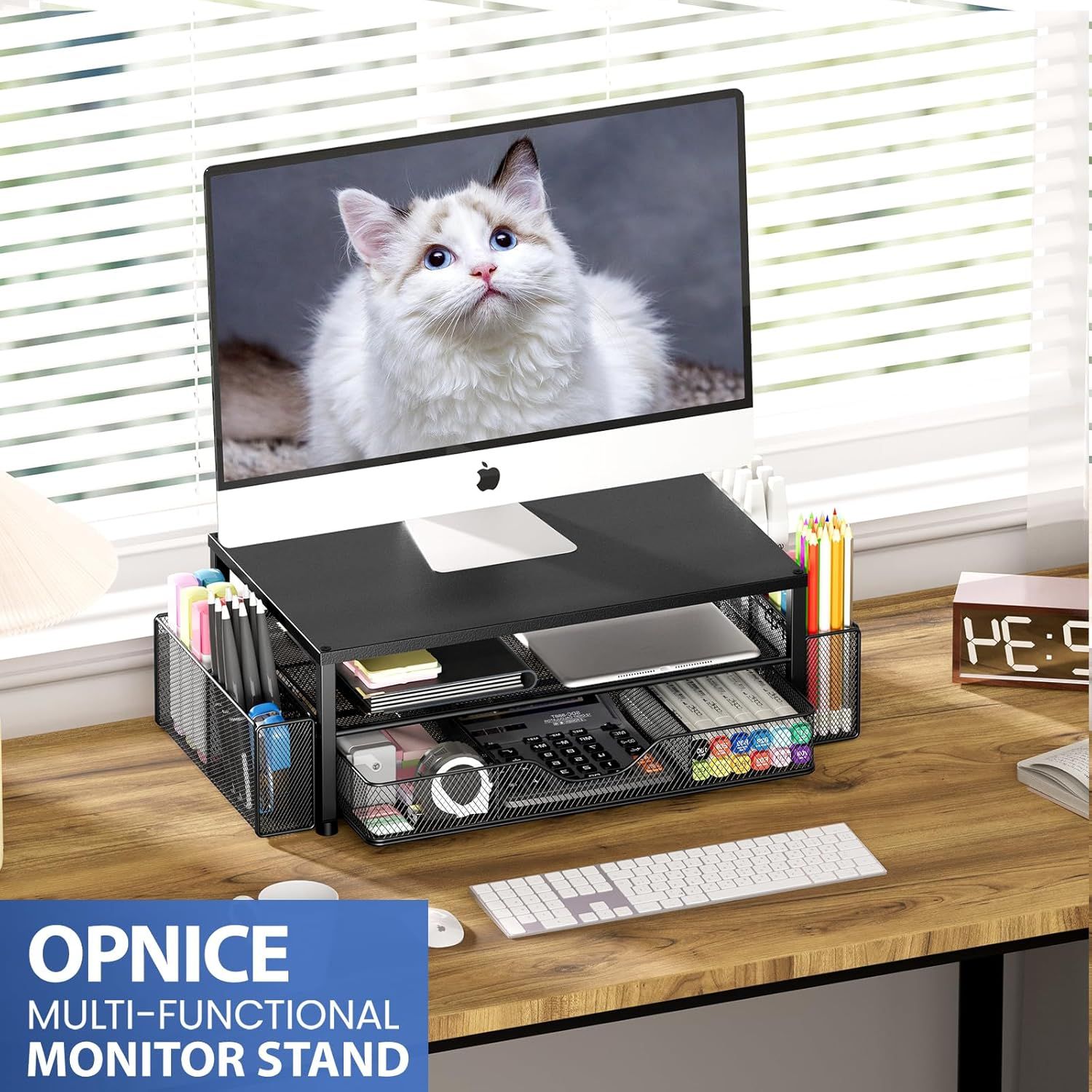 Demonstrates the monitor stand's multiple organizational features including storage compartments, drawers, and side organizers to show shoppers how it can declutter and organize their workspace…