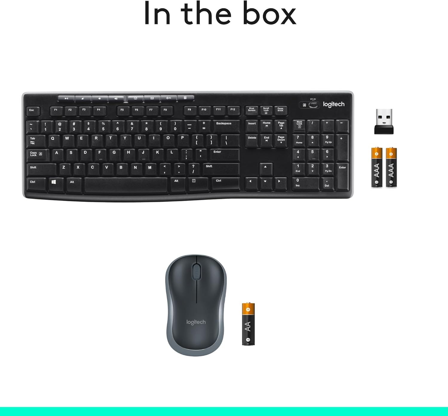 Shows everything included in the purchase: a wireless keyboard, wireless mouse, USB receiver, and batteries, helping shoppers understand the complete value of the bundle.