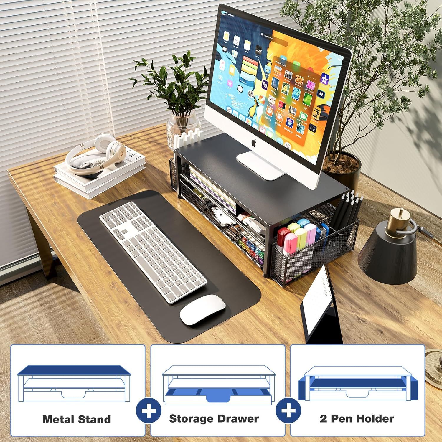 Shows all the components included with the desk organizer/monitor stand to help shoppers understand the complete package they will receive, including the metal stand, storage drawer, and dual pen…