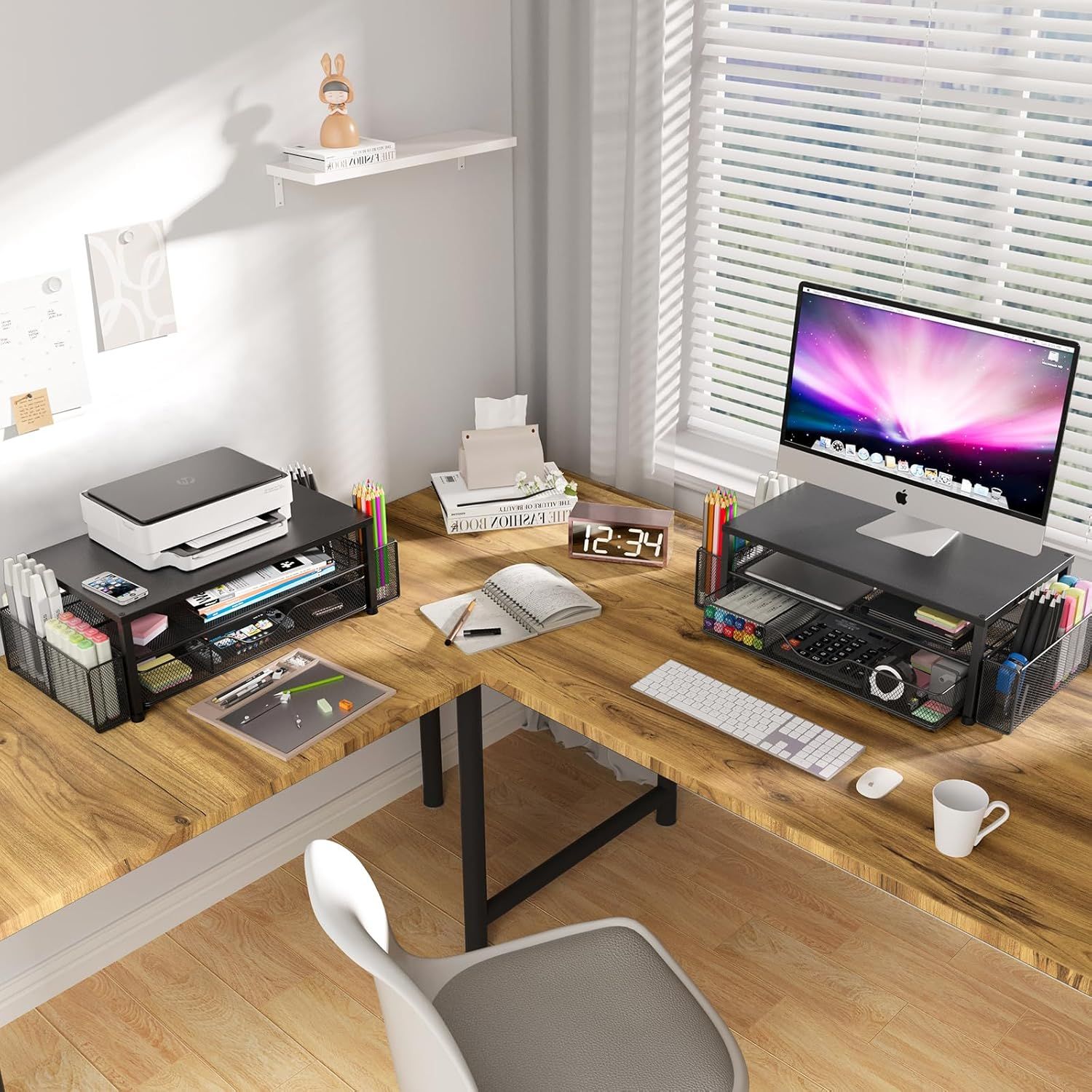 Demonstrates the product (desk organizer/monitor stand) in a real-world home office environment to help shoppers visualize how it fits into their workspace and daily life.