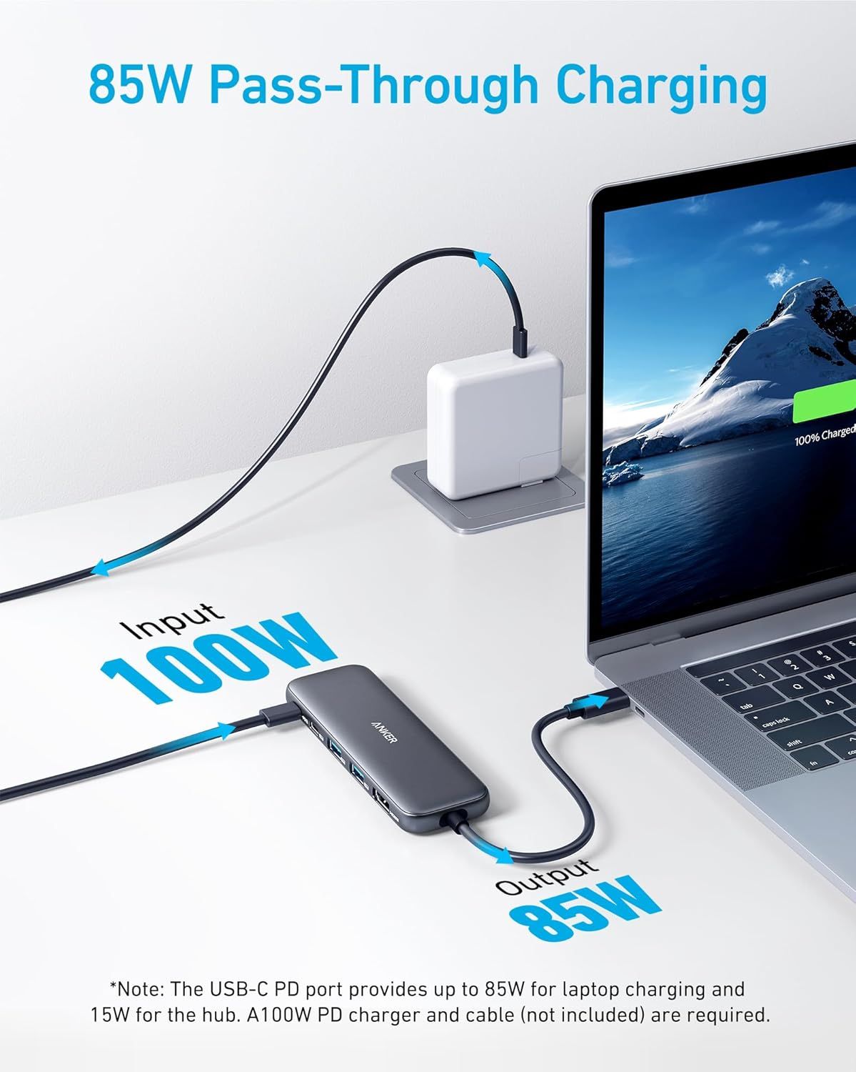 Communicates the high-wattage charging capability of the USB hub, emphasizing its ability to deliver 85W pass-through charging to power laptops while using the hub. Demonstrates how the hub connects…