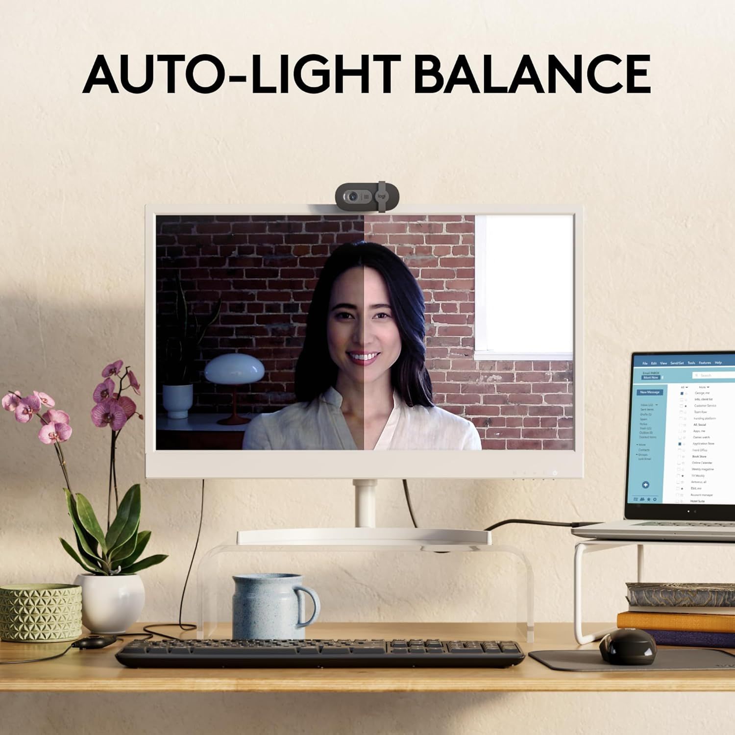 Demonstrates the webcam's automatic light balancing feature by showing a side-by-side comparison of the same person in dark vs. well-lit conditions, proving the product's ability to optimize video…