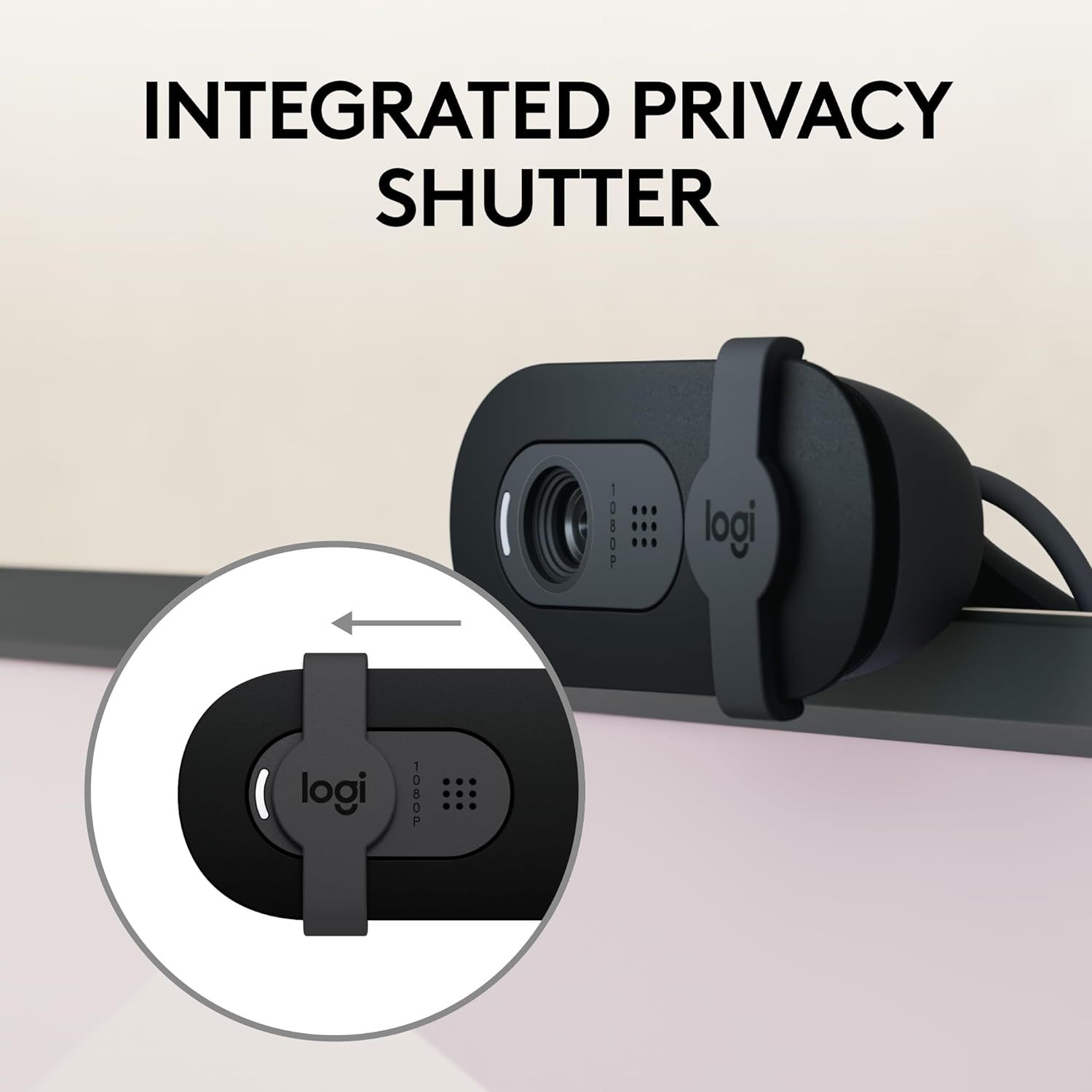 Highlights the physical privacy shutter component of the webcam, showing shoppers how the product protects their privacy with a built-in sliding cover over the camera lens. Communicates the key…